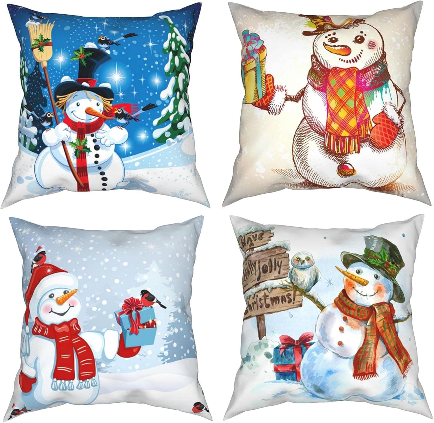 WOWUSUO Christmas Snowman Pillow Covers 18x18 Inch Set of 4 Holiday Pillow Case for Sofa Couch Merry Christmas Decorations Outdoor Throw Pillow Cover