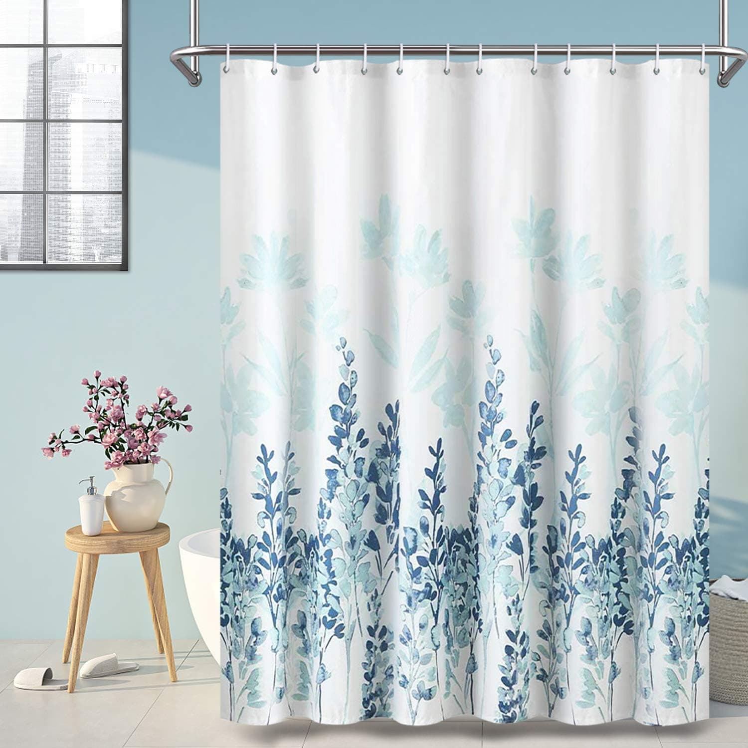 ARICHOMY Shower Curtain Set with Hooks Spring Shower Curtain White Plant (72 * 72 Blue and White)