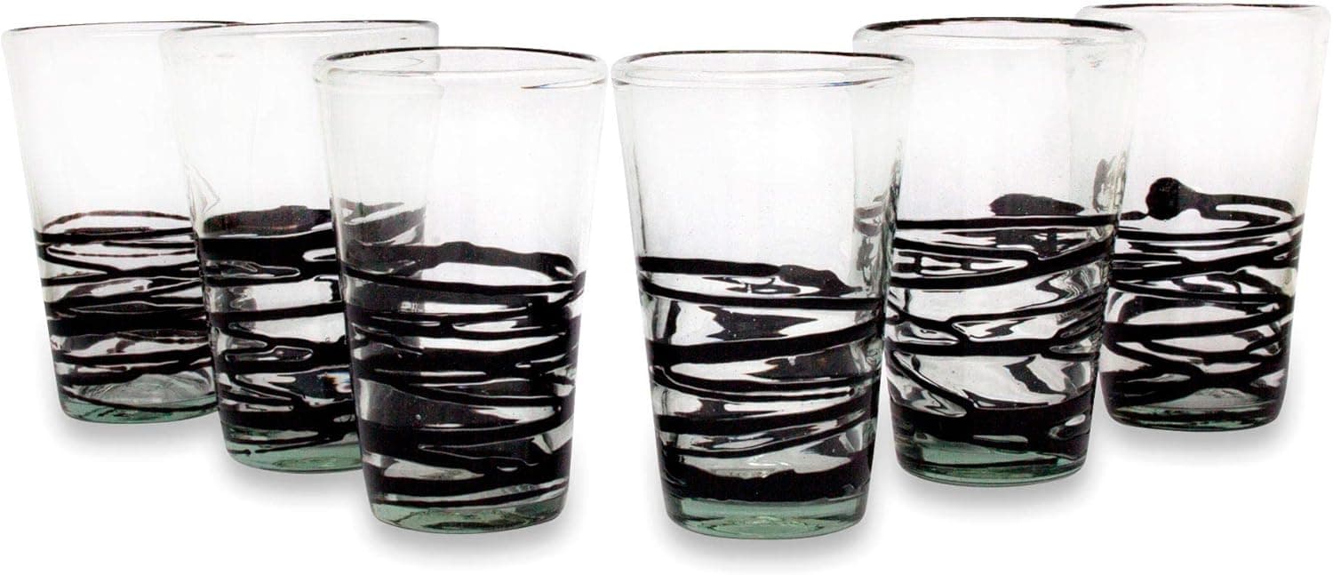 NOVICA Black Swirl Clear Eco-Friendly Hand Blown Drinking, 16 Oz, Ebony Spin' (Set of 6) Recycled Glass, 3.5" H3.1, 6 Count