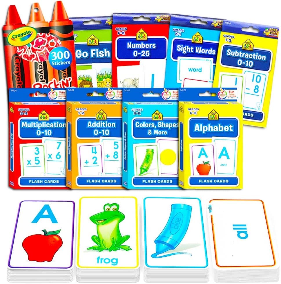 School Zone Flash Cards Super Set for Toddlers/Kids ~ 8 Packs (ABC, Numbers, Colors and Shapes, Addition, Subtraction, More with 300 Reward Stickers)