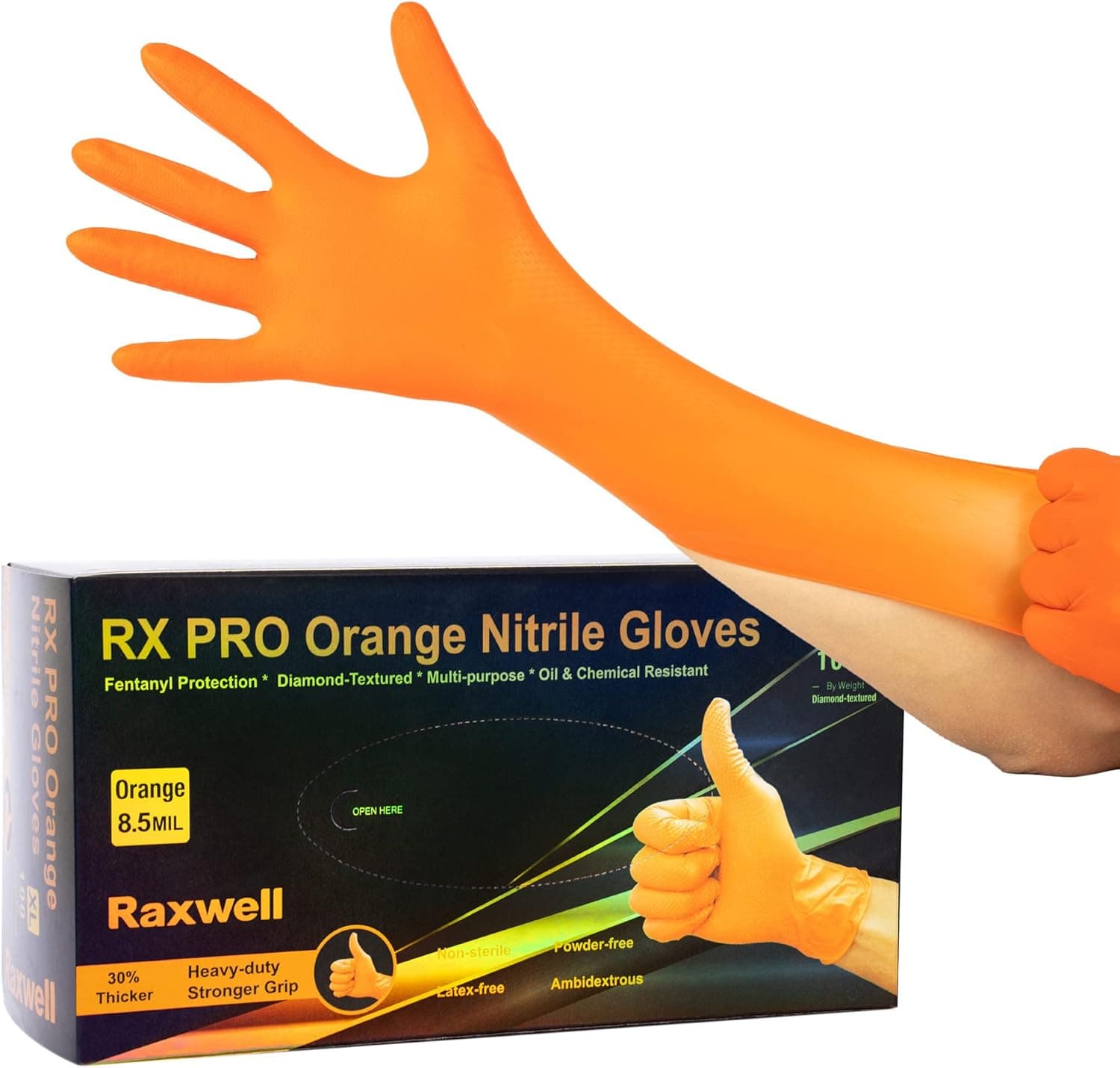 Raxwell Disposable Orange Nitrile Gloves | 8.5-mil Heavy Duty Diamond Grip Gloves | Latex & Powder Free, Puncture Resistant