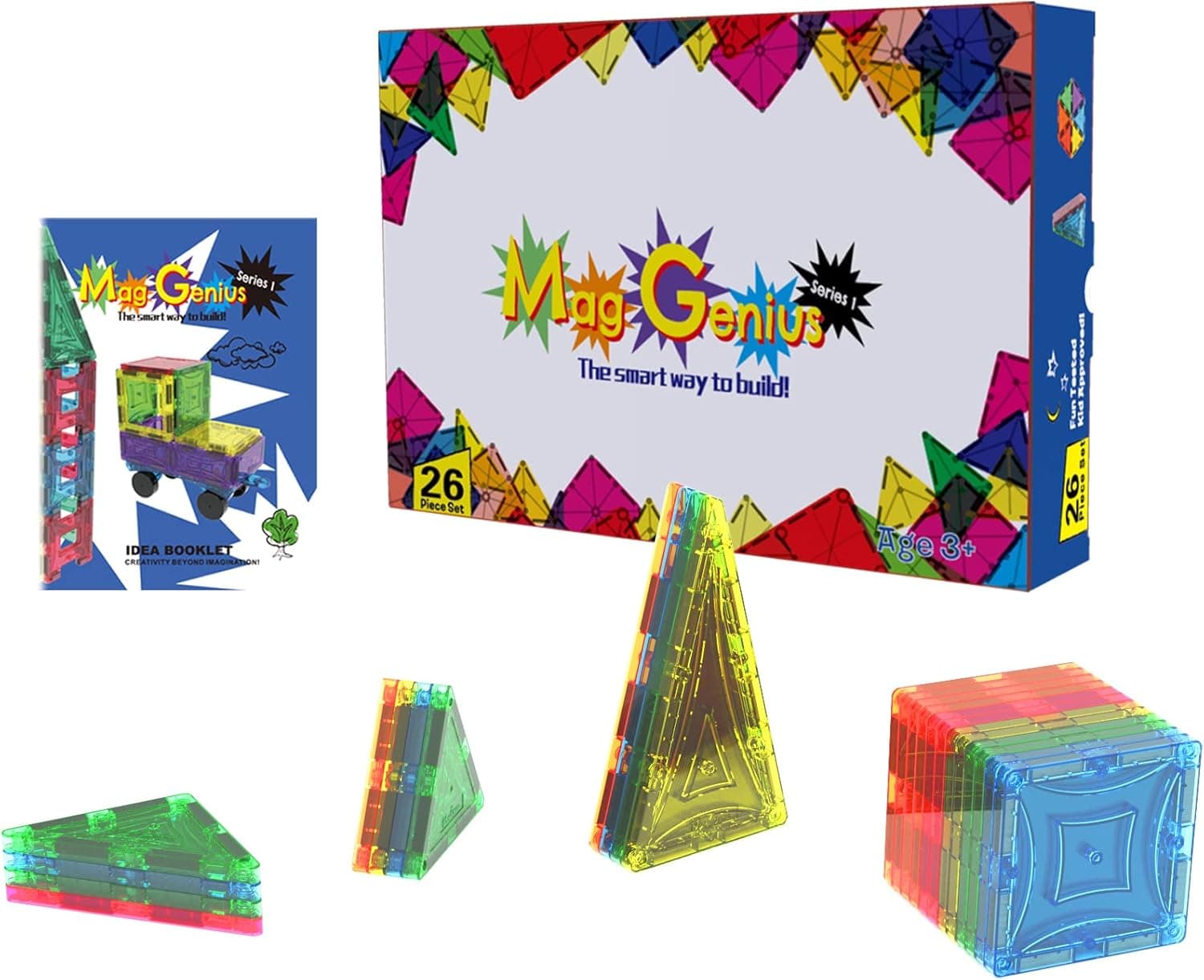 Mag-Genius Magnet Tiles Award Winning Building Tiles Clear Colours 3D Brain Building Blocks Set of 26 Pieces