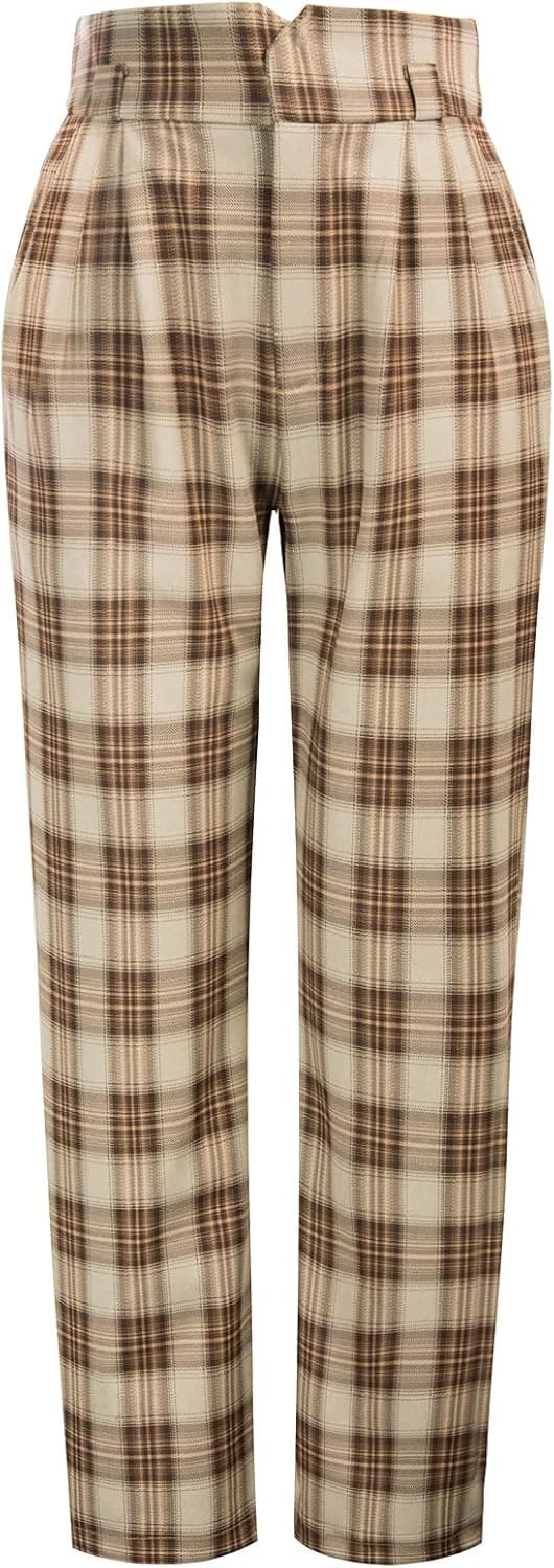 Belle Poque Plaid Pants for Women Casual High Waist Pants with Pockets for Work