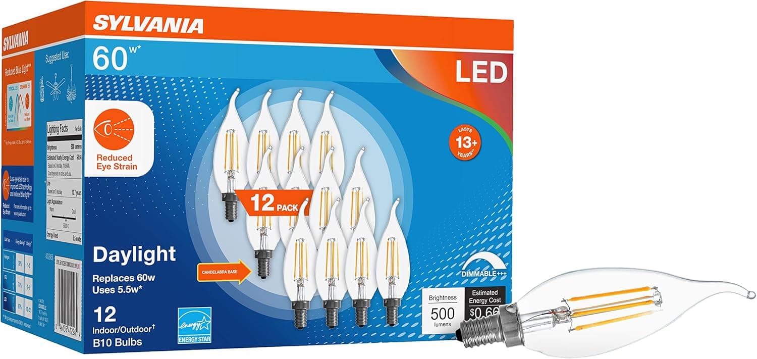 LEDVANCE Sylvania Reduced Eye Strain B10 LED Light Bulb, 60W = 5.5W, 13 Year, Candelabra Base, Dimmable, Clear, Daylight - 12 Pack (41226)