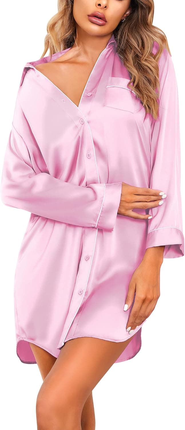 Ekouaer Women's Boyfriend Style Satin Sleep Shirts