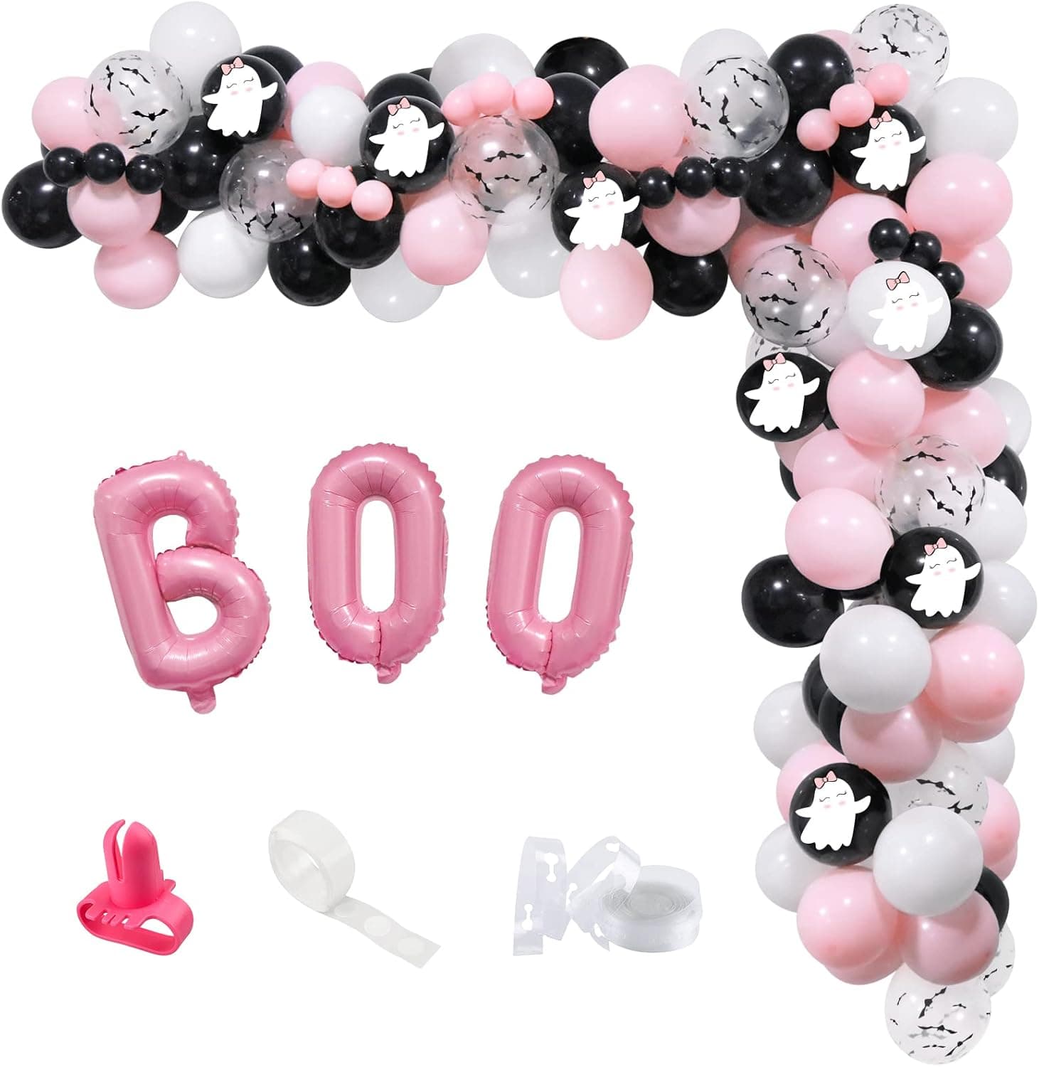 120Pcs Halloween Balloon Arch Garland Kit, Pink Black Ghost Halloween Balloons Arch with BOO Foil Balloons Bat Balloons Wall Stickers Ghost Decor for Halloween Theme Party Halloween Day Party Supplies
