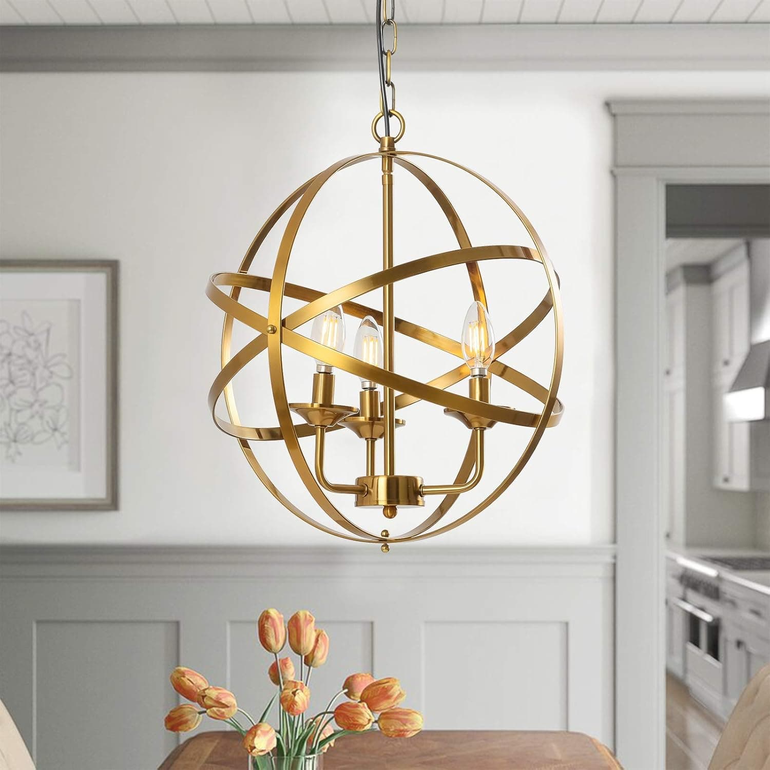 Popity home 3 Light Globe Brass ORB Gold Chandelier Light Fixture, Hollow Out Metal Spherical Pendant Light, Hanging Lighting Fixture for Kitchen Island Bedroom Dining Room Foyer Entryway Living Room