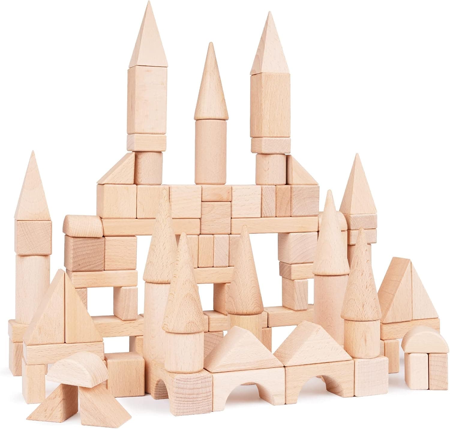 GenJuw 100Pcs Wooden Building Blocks Set- Wood Stacker Stacking Blocks Game Toys for Toddlers, Multiple Shapes, Toddles Blocks- Baby Wooden Blocks for Kids Learning and Playing