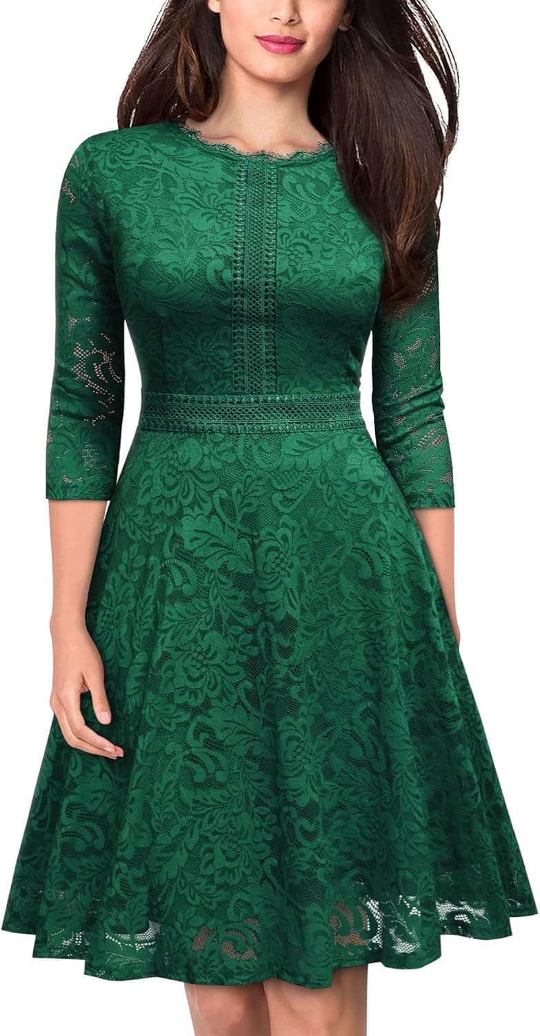 MISSMAY Women's Vintage Full Lace Contrast Flare Sleeve Big Swing A-Line Dress
