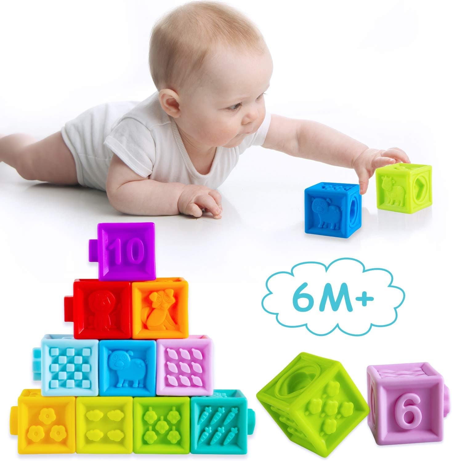 ZELMINE Baby Blocks, Soft Building Blocks Squeeze Toys, Teethers Toys Educational Baby Toys Colorful Stacking Blocks 10PCS, Toddlers Toys Building Blocks with Animal Numbers Shapes Textures