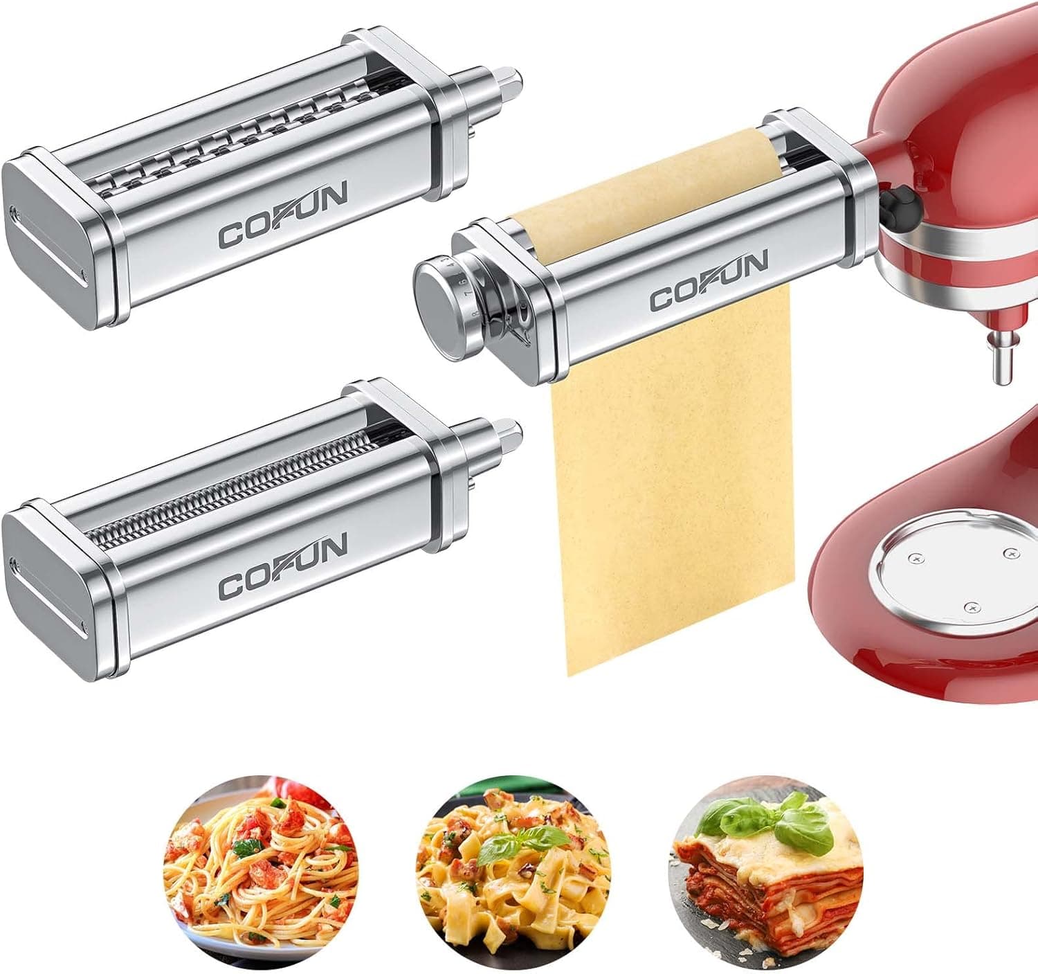 Pasta Attachment for Kitchenaid Stand Mixer,Cofun 3 Piece Pasta Maker Machine with Pasta Roller and Cutter Set for Dough Sheet, Spaghetti and Fettuccine kitchenaid Attachments for Mixer