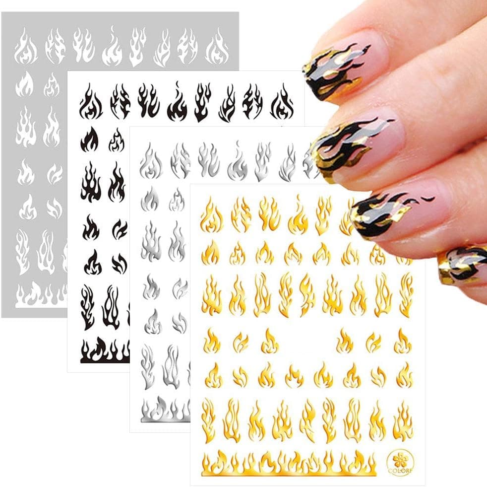 Flame Nail Art Stickers Decals 3D Self-Adhesive Flame Nail Sticker 4 Color Laser Flame Nail Designs Luxury Decoration DIY Nail Supplies for Women Girls Manicure Tips
