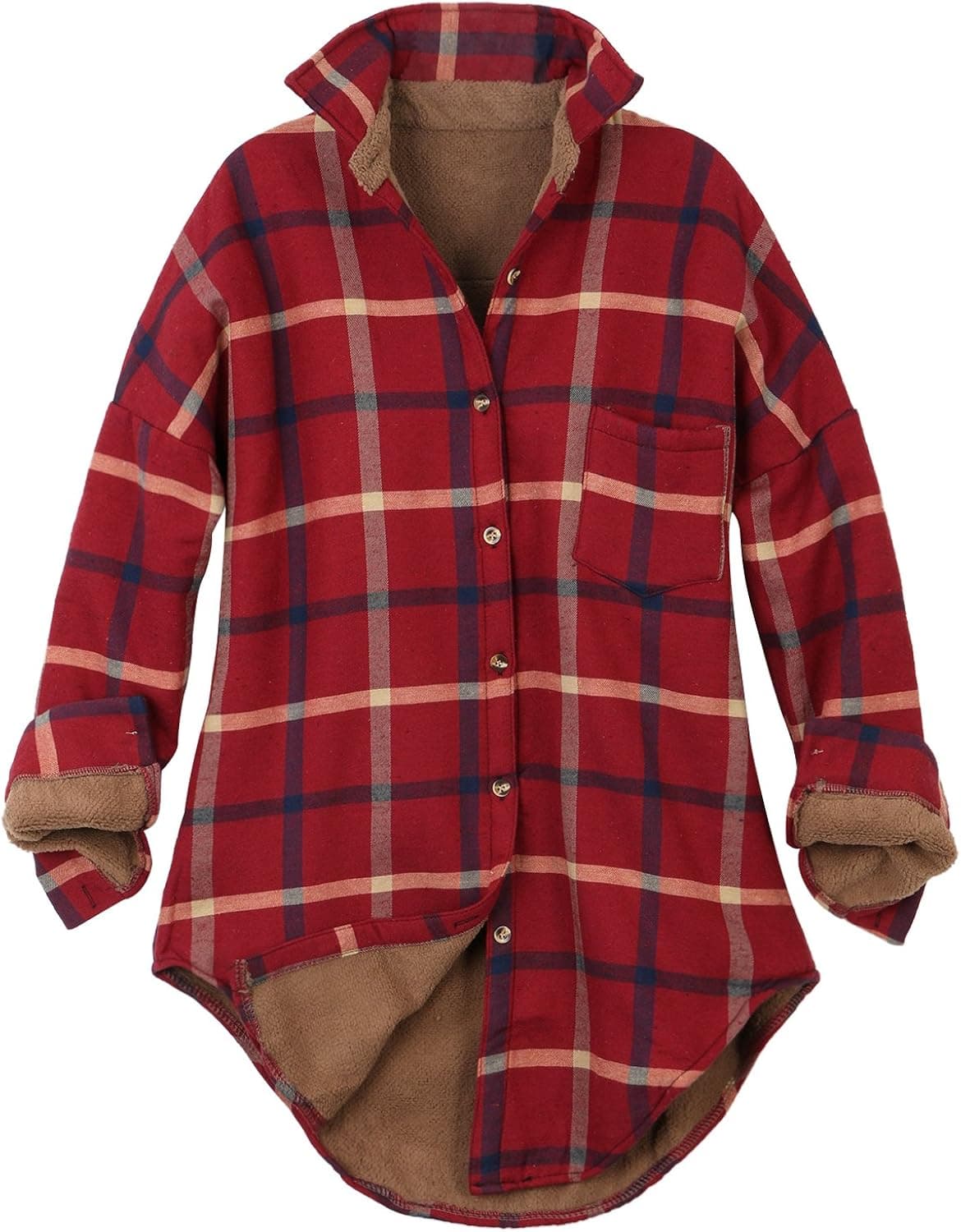 ililily Women Checkered Plaid Sherpa Lined Flannel Long Shirt Trucker Jacket, Red Plaid