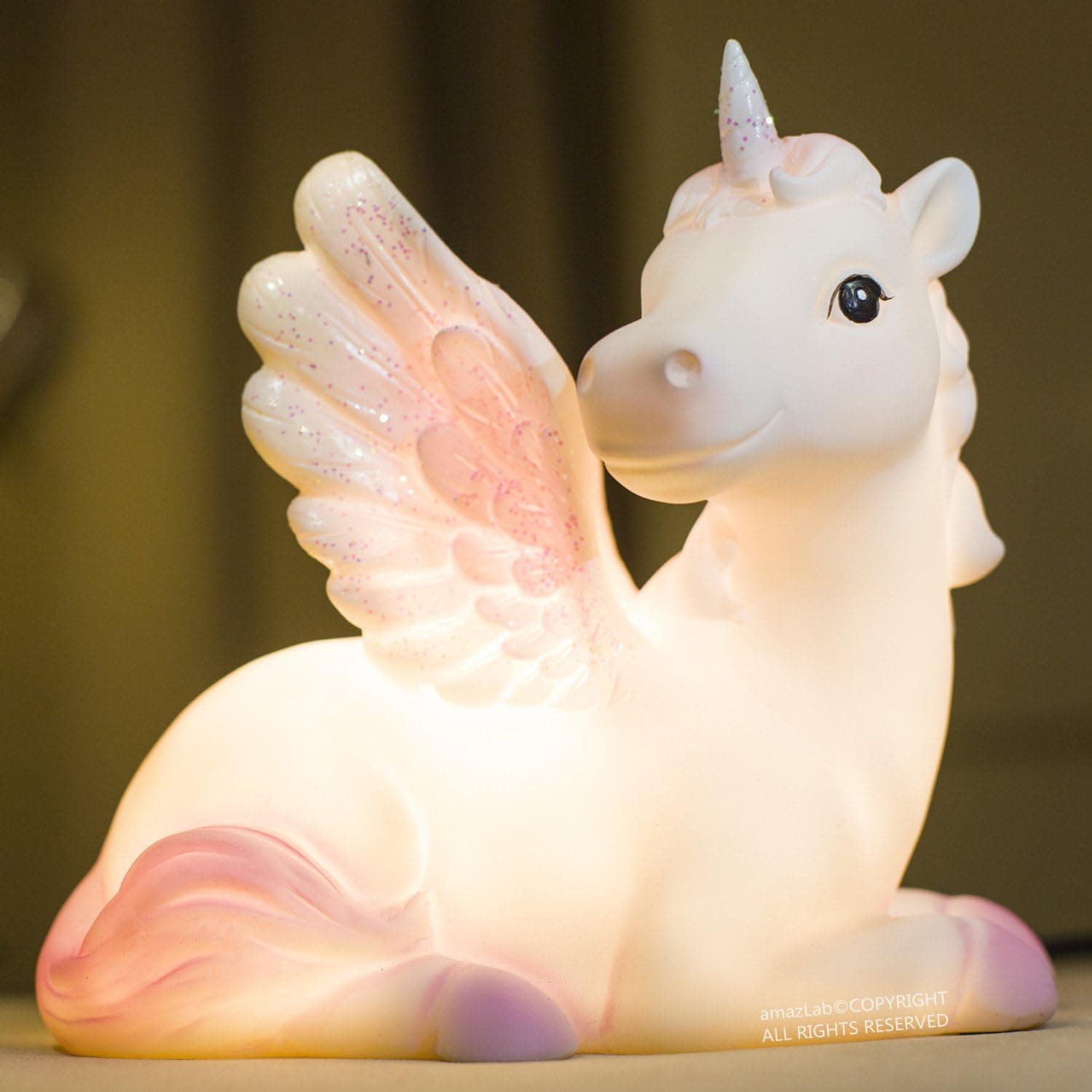 Amazlab Unicorn Bedside Table Lamp Children's Room Decoration, USB and Battery Powered, 4 Hour Timer, Pink
