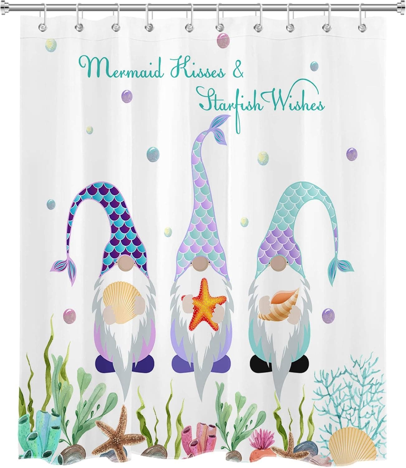 HVEST Mermaid Tail Gnomes Shower Curtain Summer Beach Fairy Tale Starfish Seashells White Ocean Funny Animals Shower Curtains Set for Bathroom,60x72 Inch Waterproof Fabric with Hooks