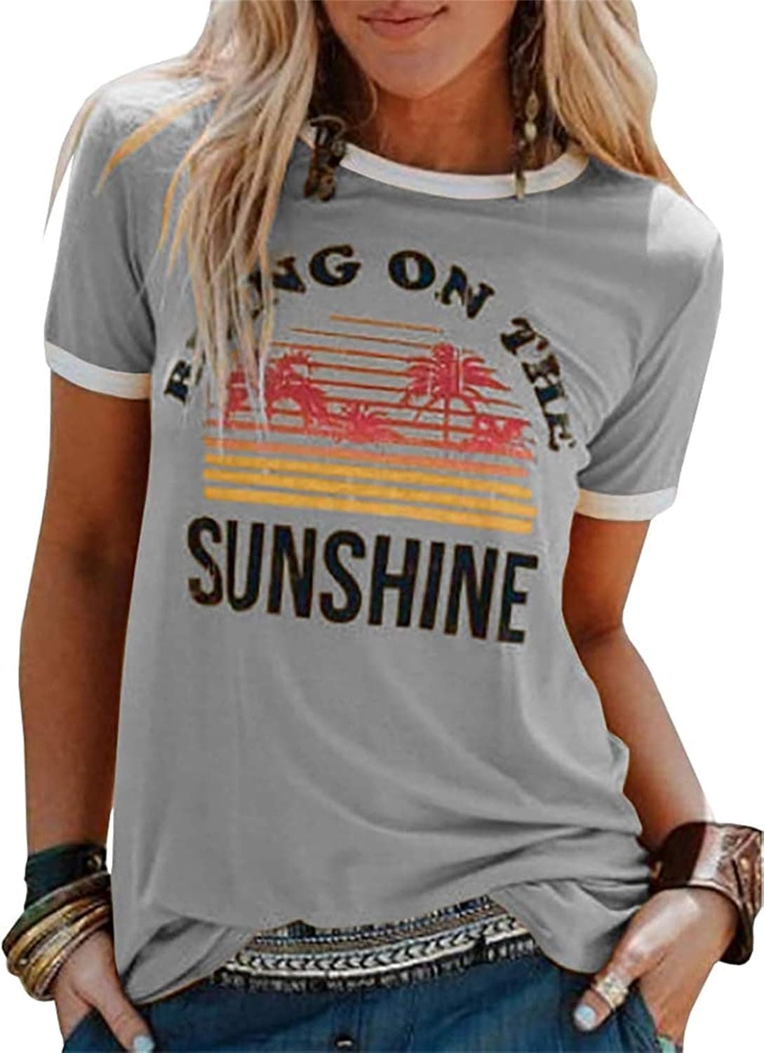 UMEKO Womens Bring On The Sunshine Graphic Tees Letter Printed Casual Loose Summer T-Shirt