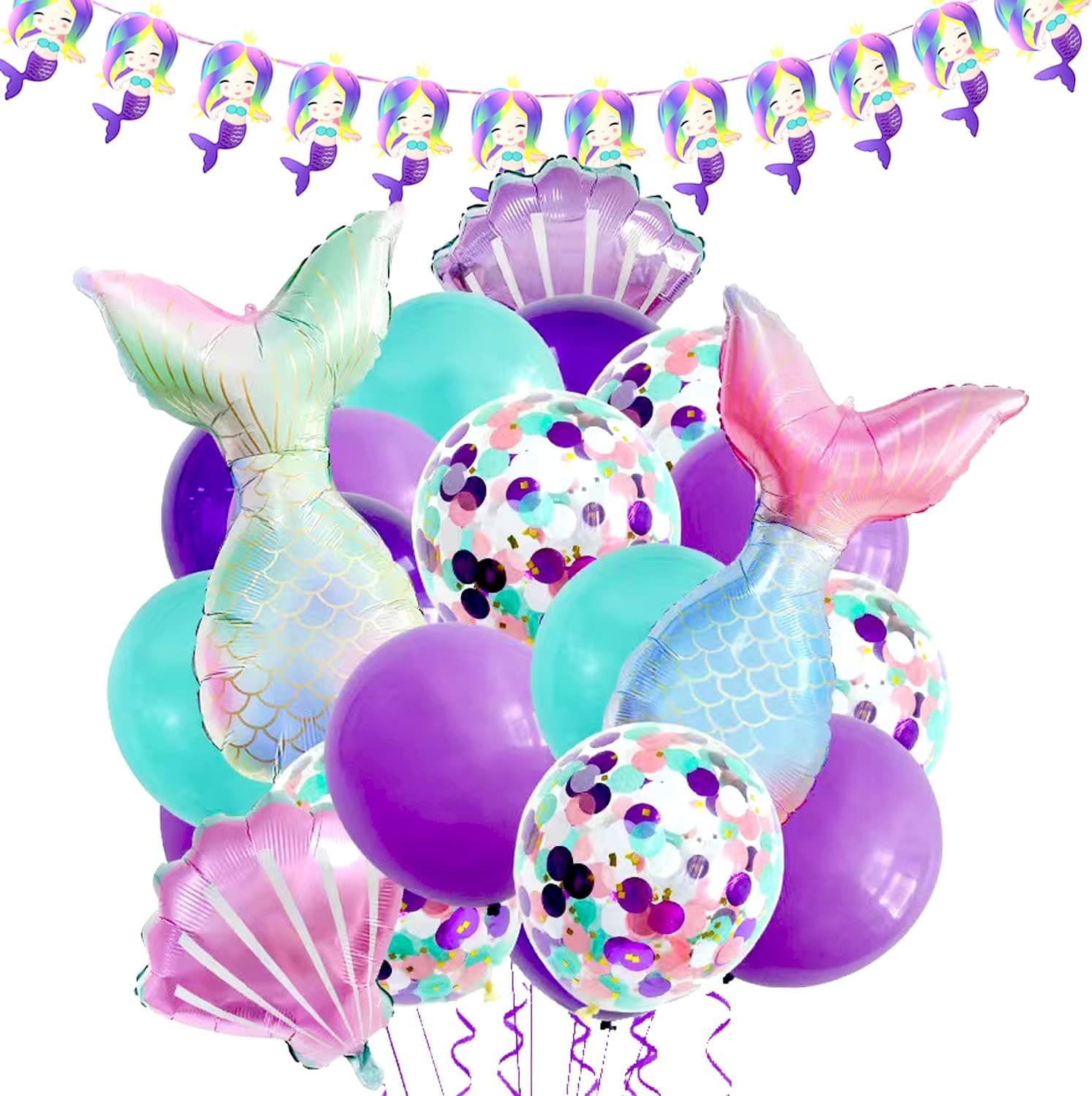 LEEHBY Mermaid Tail Balloons,22PCS Mermaid balloons Party Decor Mermaid Tail Sea Shell Foil Balloons and Mermaid Flag Banner per set, mermaid Themed Party for Mermaid Party Favor Supplies.