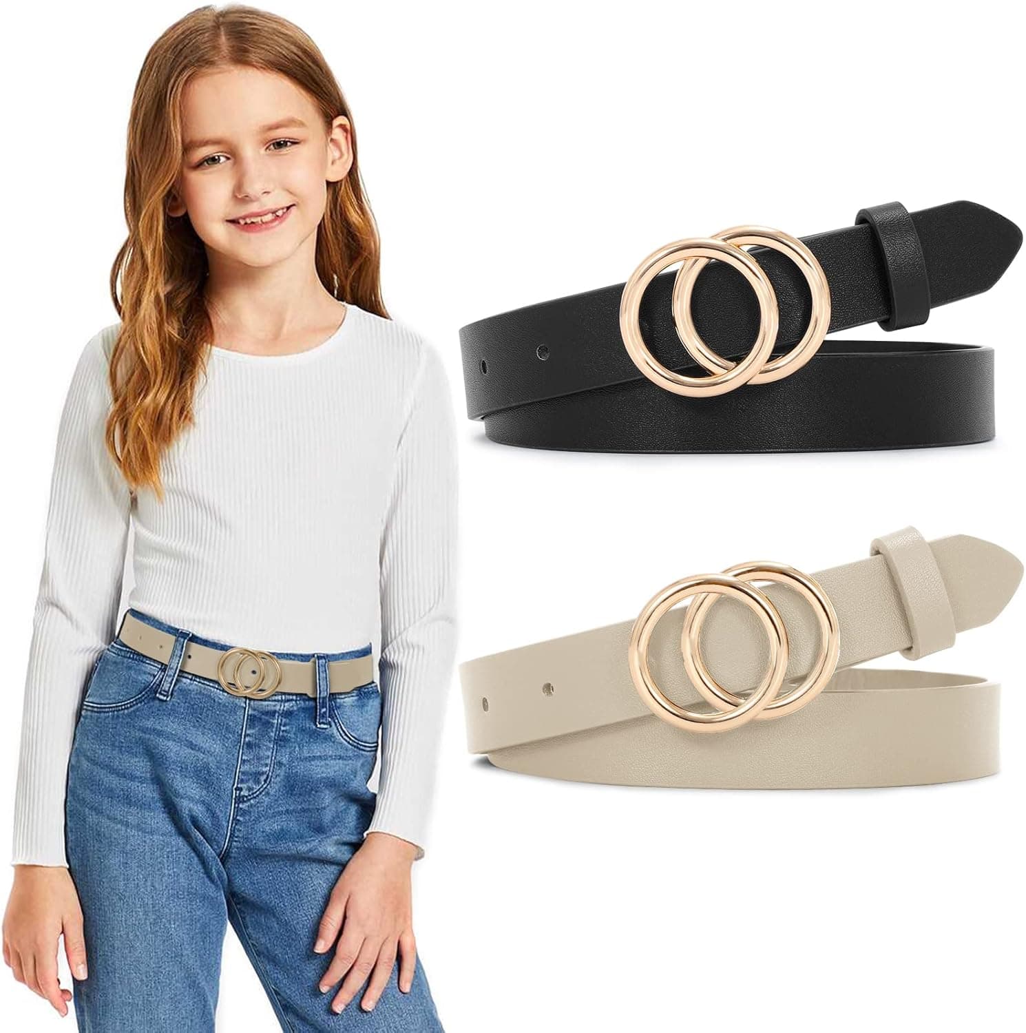 SUOSDEY 2 Pack Kids Leather Belts for Girls Solid Colors Skinny Belt for Teen Girls with Double O-Ring Buckles