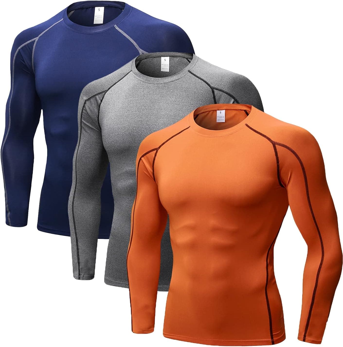 3 Pack Men's Compression Shirts Long Sleeve, Base-Layer Quick Dry Workout T Shirts Sports Running Tops