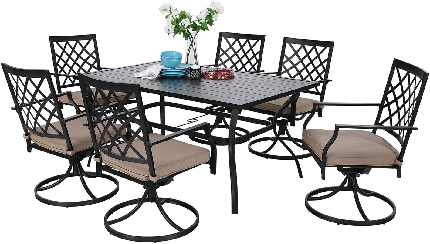 MF Outdoor Patio Dining Set 7 Pieces Metal Furniture Set, 6 x Swivel Chairs with 1 Rectangular Umbrella Table for Outdoor Lawn Garden Black