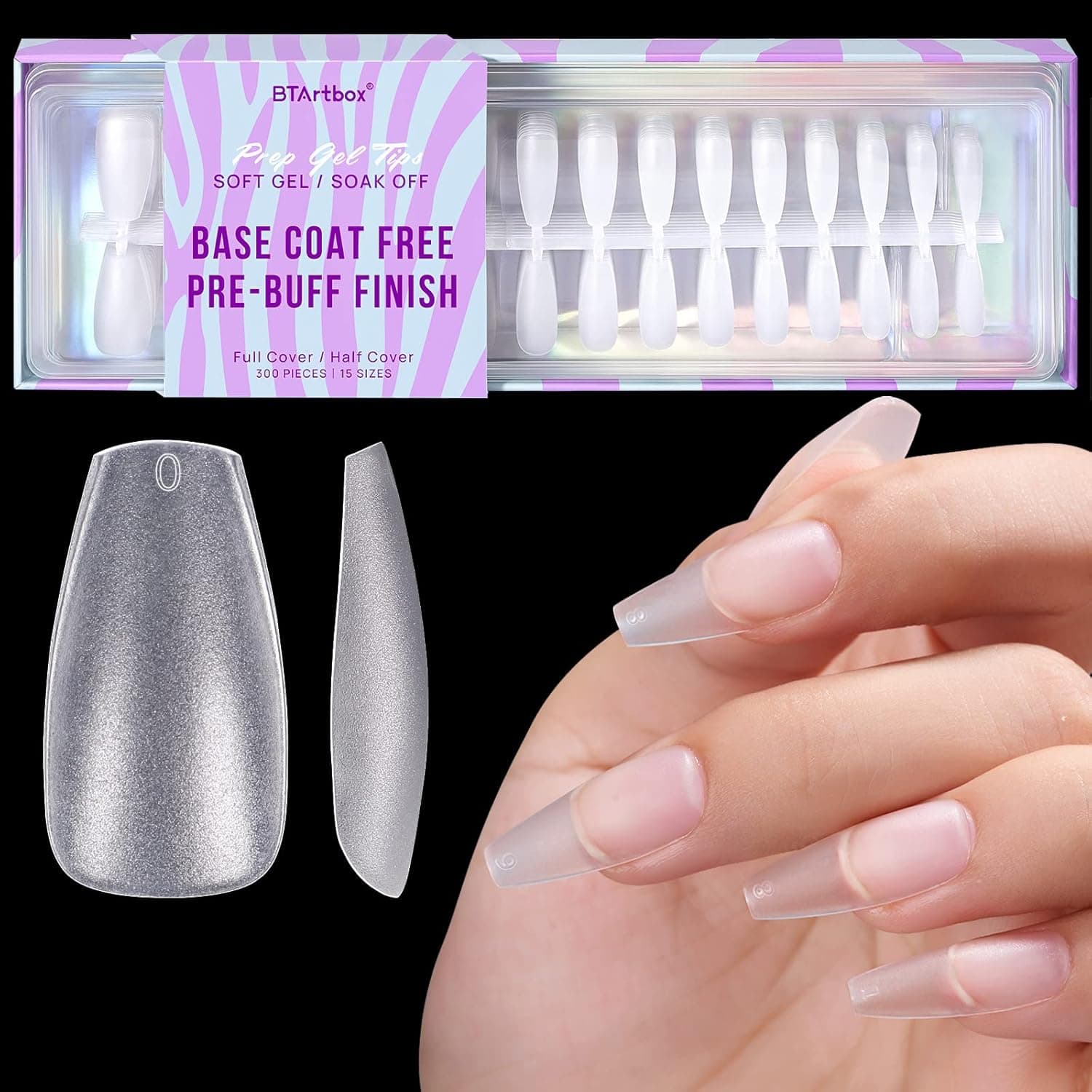 BTArtbox Gel Nail Kit - Medium Coffin Nail Tip and Nail Glue Kit 2 in 1 Coat Nail Tips with Tips Primer 150pcs Fake Nails for Nail Salons and DIY Nail Art, 15 Sizes