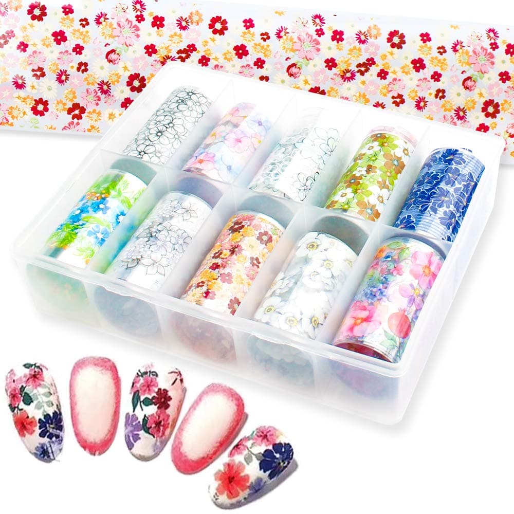 SILPECWEE 10 Rolls Starry Sky Star Nail Foil Stickers Tips Colorful Flower Nail Transfer Decals Manicure Accessories (1.57inches×39.4inches)