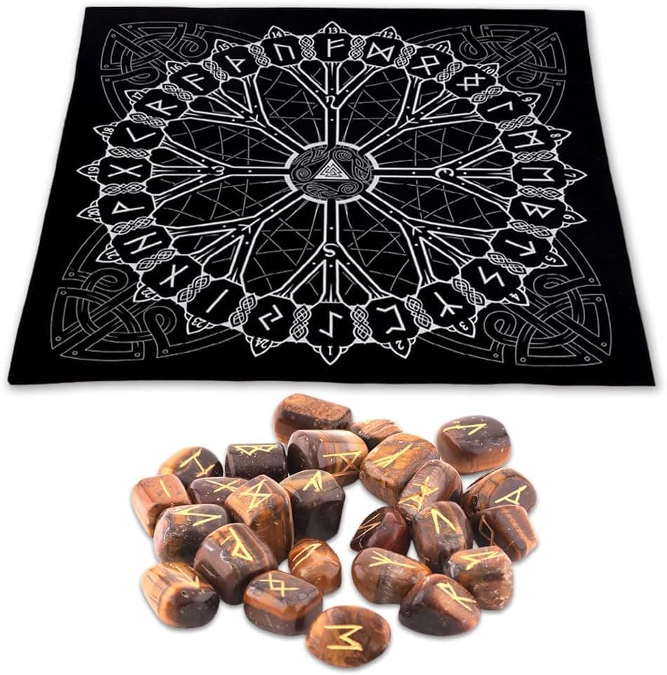 SHIVANSH CREATIONS Runes, Crystals and Healing Stones Rune Set, Wicca Divination Rune Stones,Viking Runes,Pagan and Witchcraft Supplies,Runes for Beginners (Tiger Eye, with Altar Cloth)