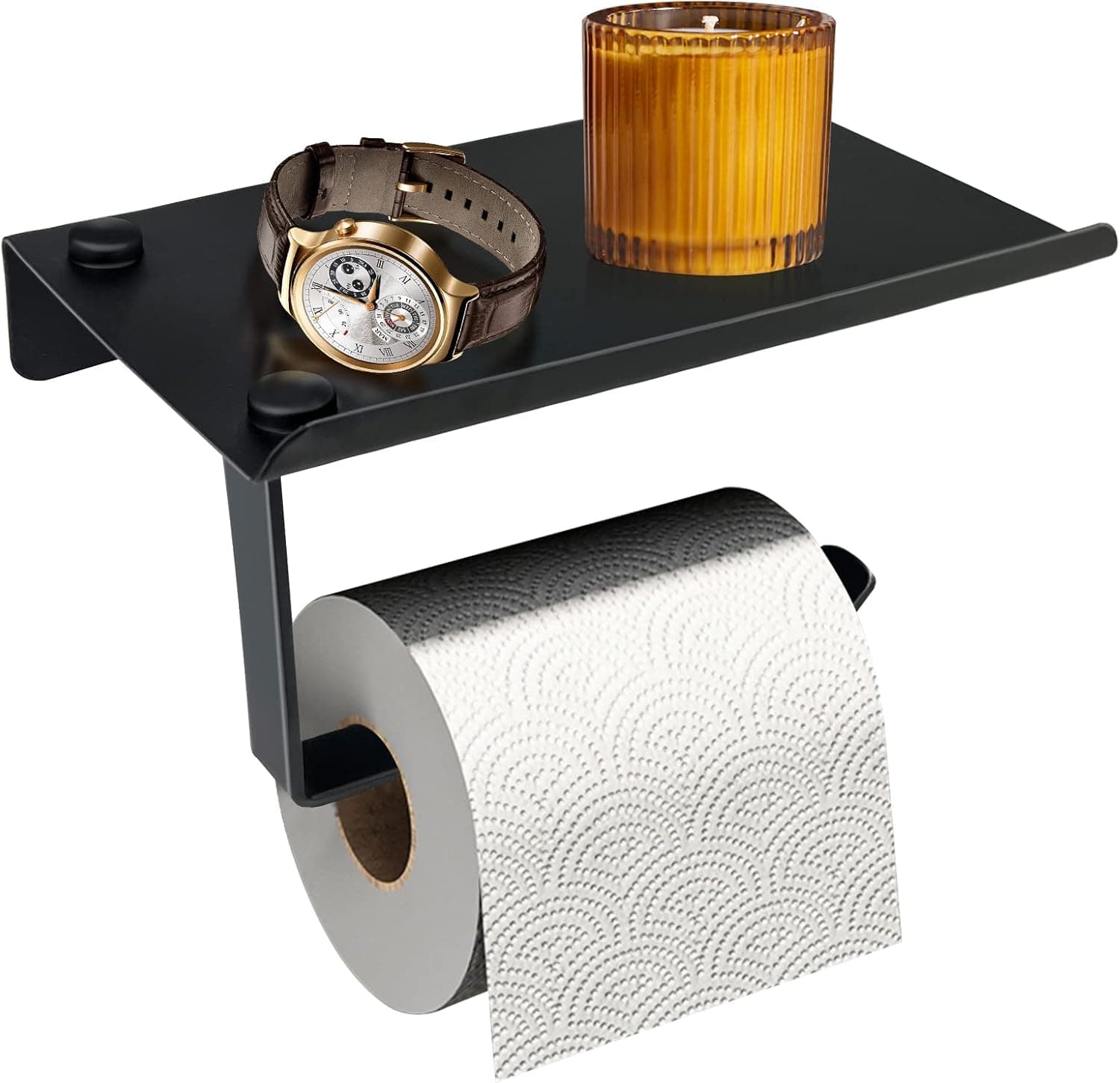 SHJADE Toilet Paper Holder with Shelf, Wall Mount Toilet Roll Holder, Stainless Steel Bathroom Organizer Matte Black