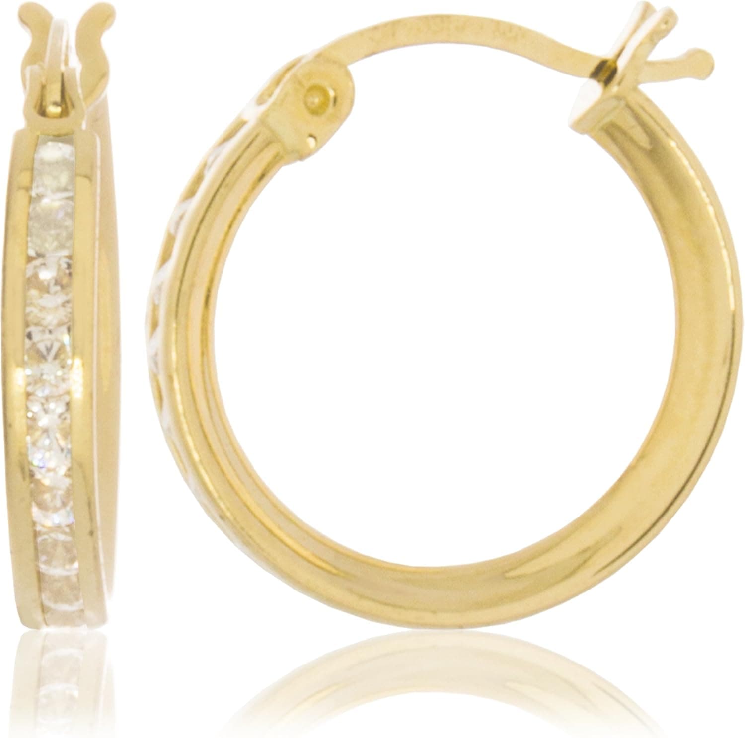Solid Gold CZ Hoop Earrings 14K Yellow Gold 2.1mm Wide 0.55 Inch Diameter with 20 Channel Set Petite CZ | 0.9g