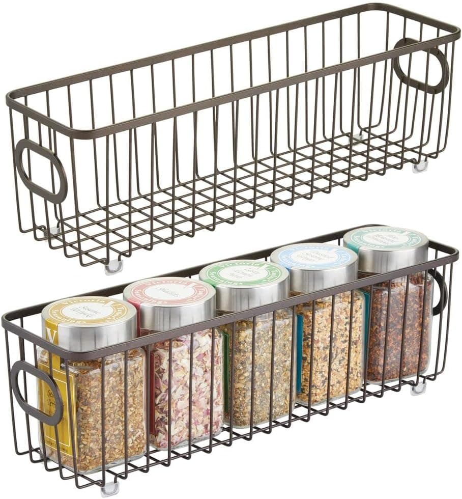 mDesign Metal Farmhouse Kitchen Pantry Food Storage Organizer Basket Bin - Wire Grid Design - for Cabinets, Cupboards, Shelves, Countertops - Holds Potatoes, Onions, Fruit - Long, 2 Pack - Bronze