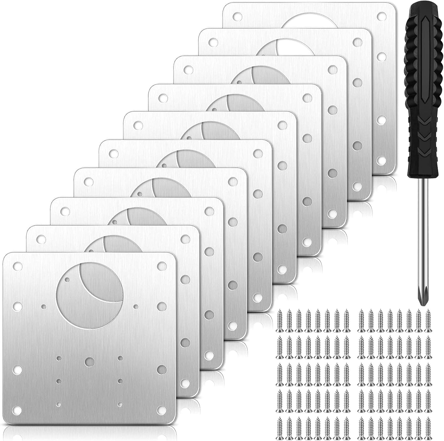 Hofivack 10pcs Hinge Repair Plate, Stainless Steel Cabinet Door Hinge Fixing Plate Bracket kit with Mounting Screw for Furniture and Kitchen Cabinet Door (10pcs+80 Screws+1pcs Screwdriver)