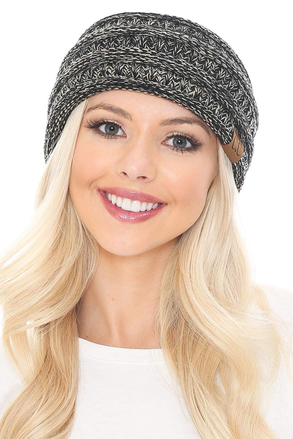 C.C Soft Stretch Winter Warm Cable Knit Fuzzy Lined Ear Warmer Headband, 2 Tone Black/Dark Beige