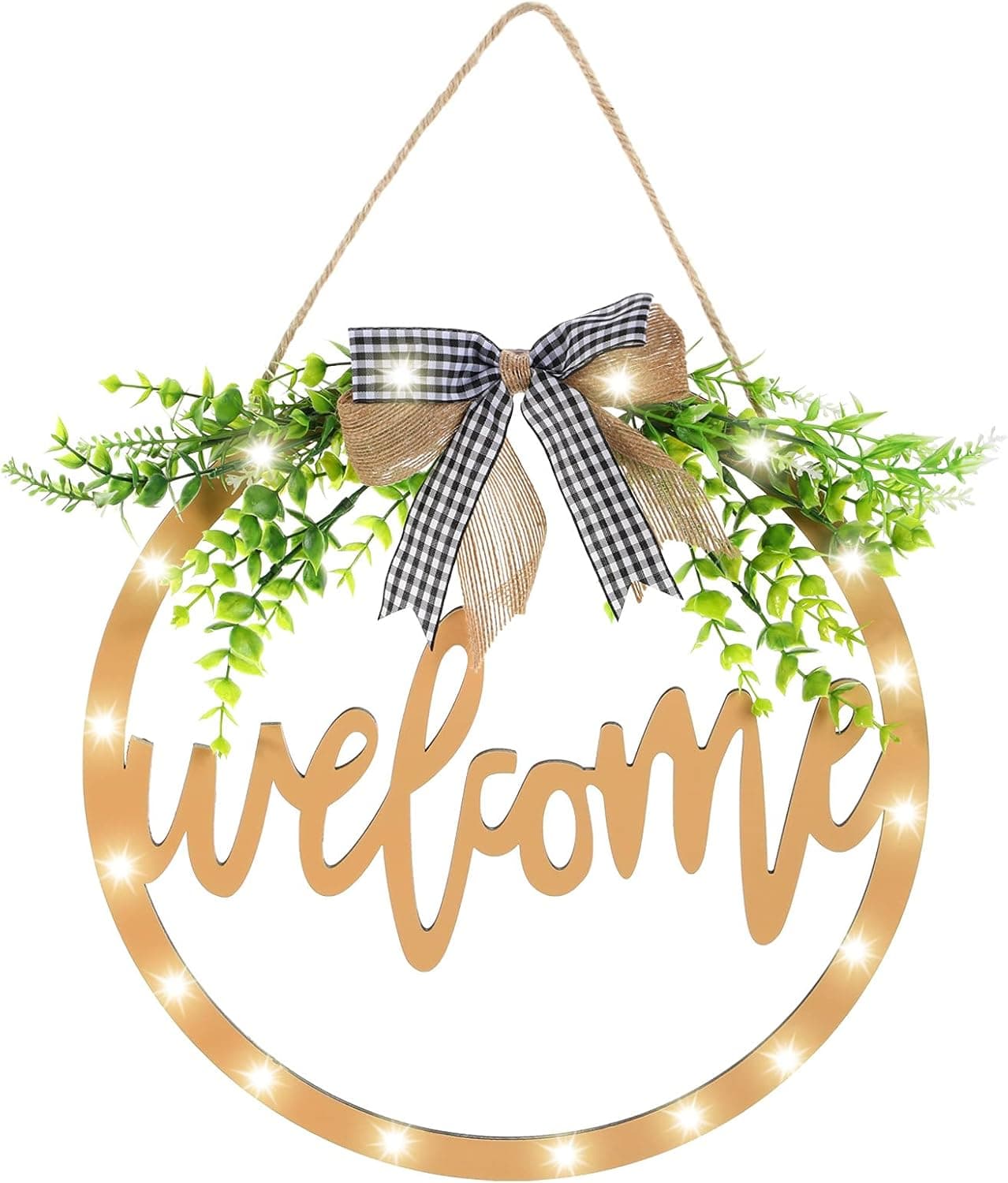 Jetec Welcome Sign with Led Light Front Porch Decor Farmhouse Wooden Hanging Front Door Decor String Bowknot Welcome Sign for Front Door Round Wood Front Door Decoration