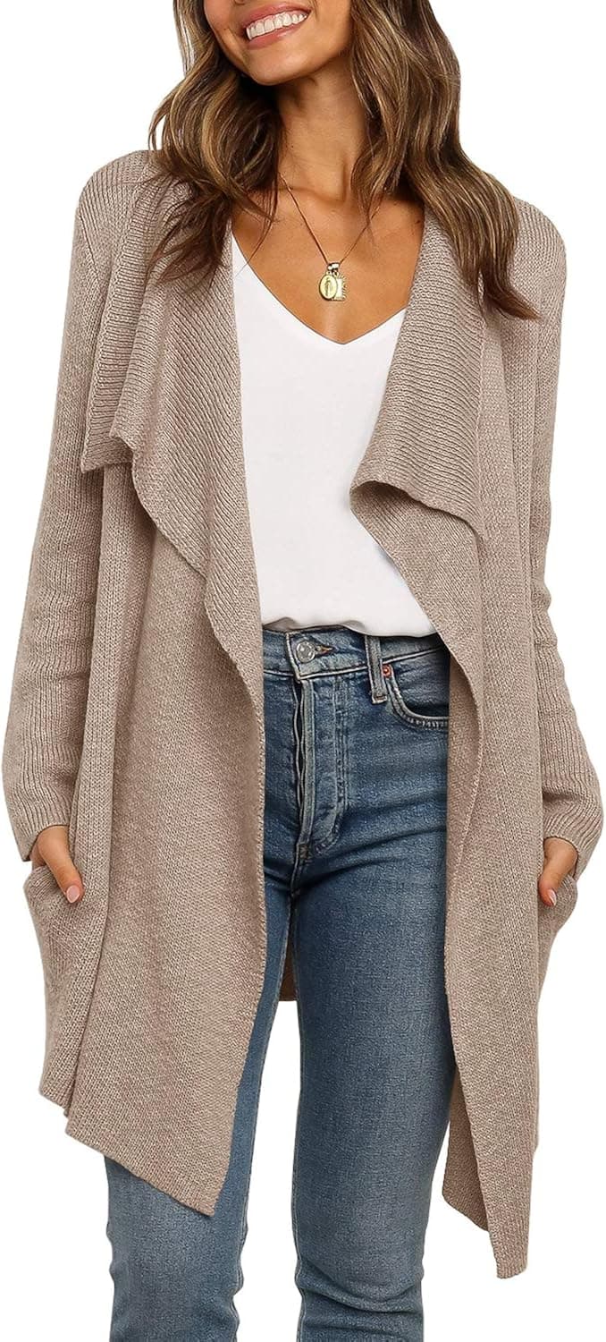 Mafulus Womens Lapel Cardigan High Low Long Sleeve Soft Loose fit Open Front Sweater Coat with Pockets Khaki