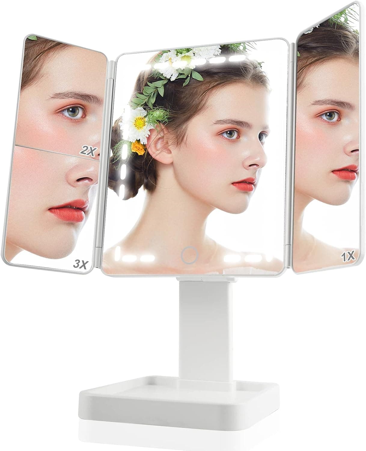 LINQELLY Makeup Mirror Vanity Mirror with Lights, 3 Color Lighting Modes 62 LED Trifold Mirror, 1x/2x/3x Magnification, Touch Screen Auto Off & 180°Rotation