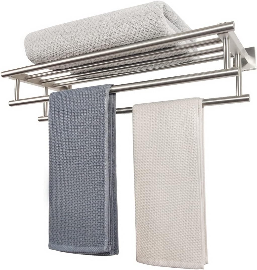 RTCUL Bathroom Towel Rack with Double Towel Bar Bathroom Hotel Shower Shelf SUS304 Stainless Steel 24 Inch Modern Wall Mounted Holder Brushed Nickel