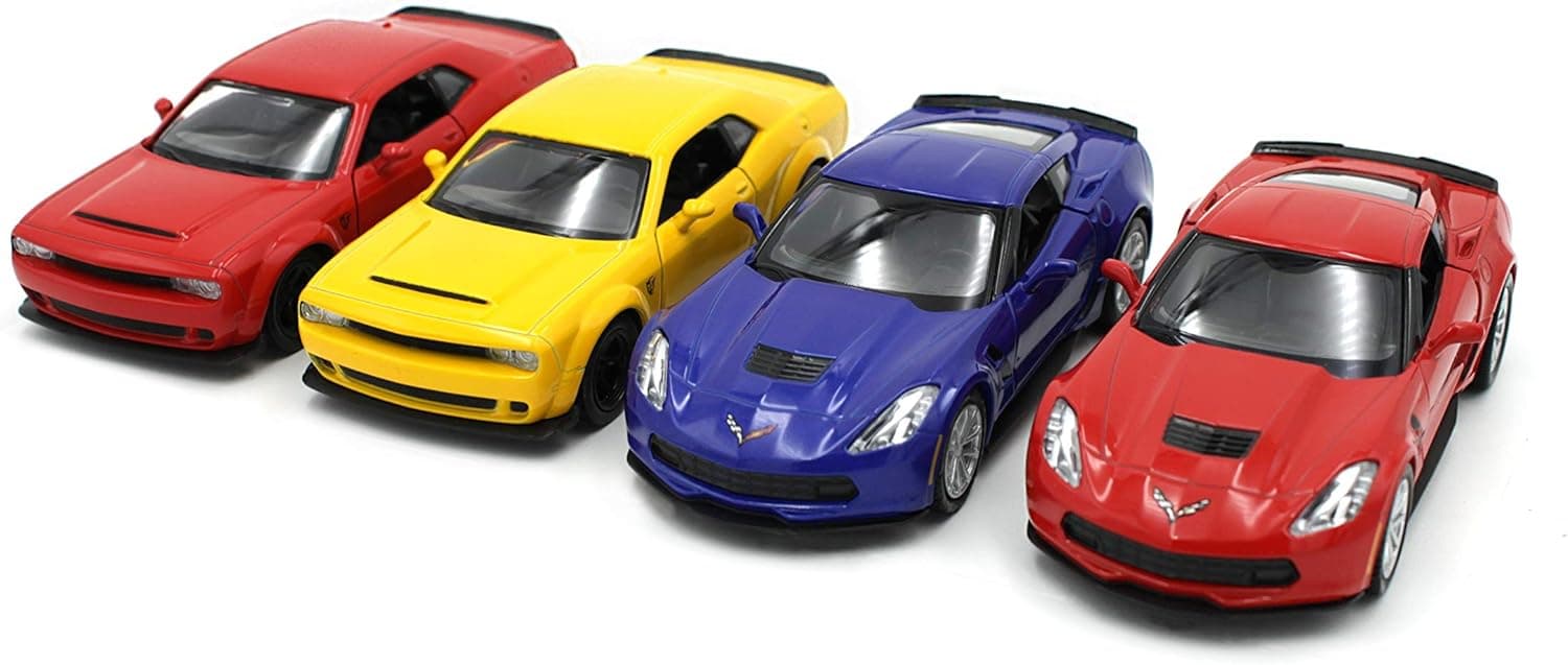 Just For Laughs Performance Car 4 Pack, Diecast Dodge Challenger Demon(Red+Yellow) Chevy Corvette C7(Blue+Red)