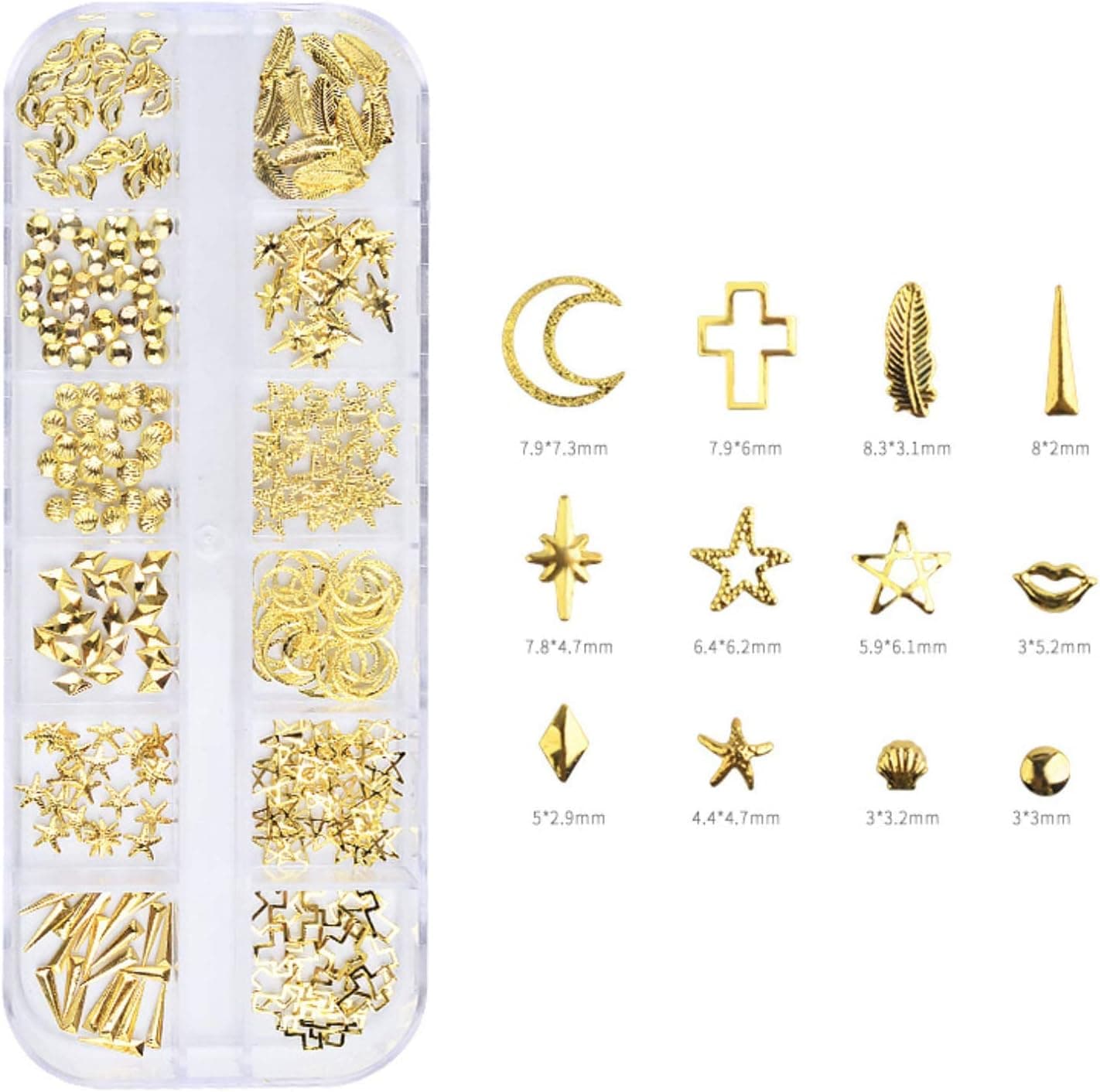 GreatDeal68 Nail Metal Rivets Charms 3D Nail Art Decoration Star Moon Geometric Heart Cross Feather Lips Starfish Seashell (Gold Cross/Feather/Lips/Starfish/Seashell/Stars Shaped Nail Ornament)