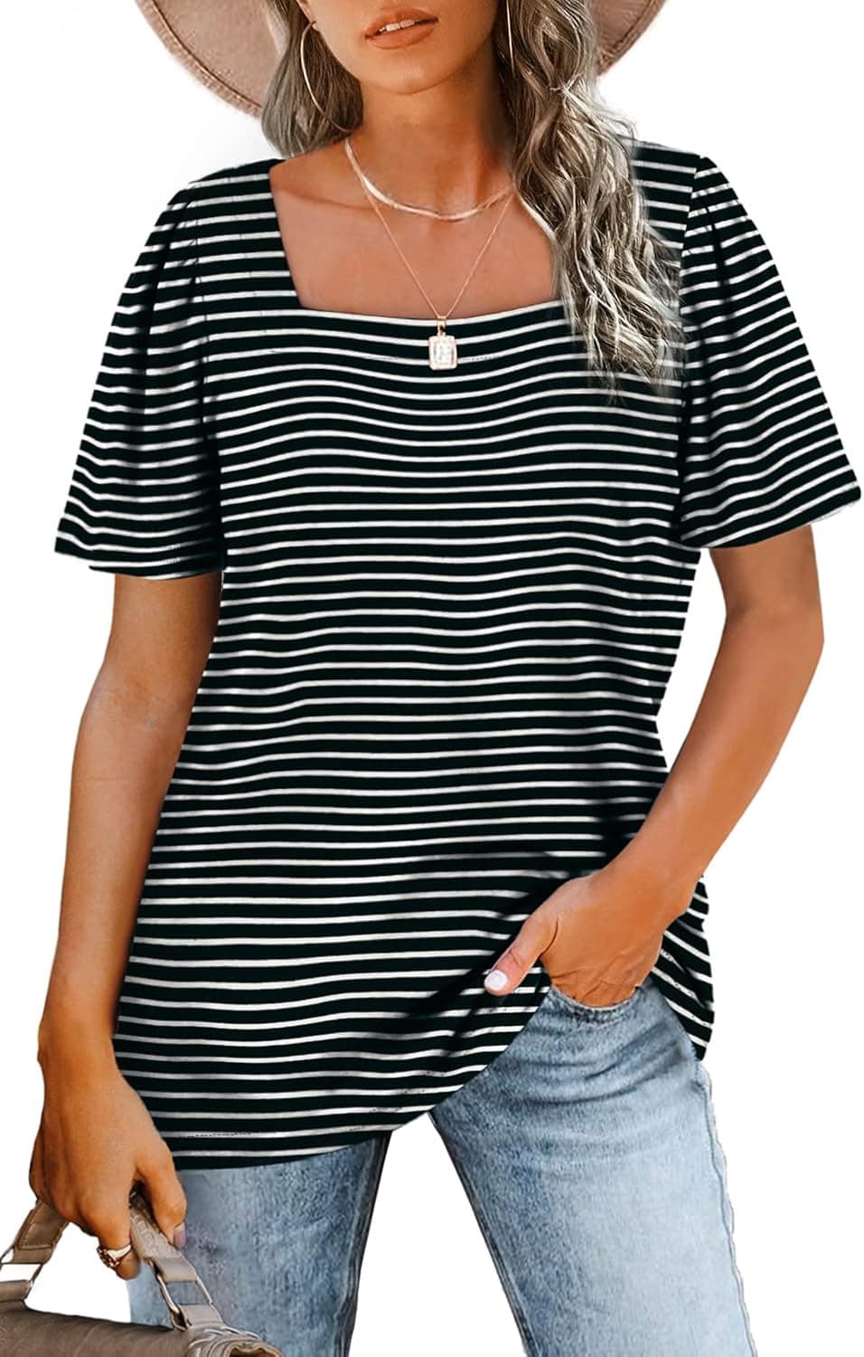 WIHOLL Womens Summer Tops Casual Square Neck Puff Short Sleeve T Shirts