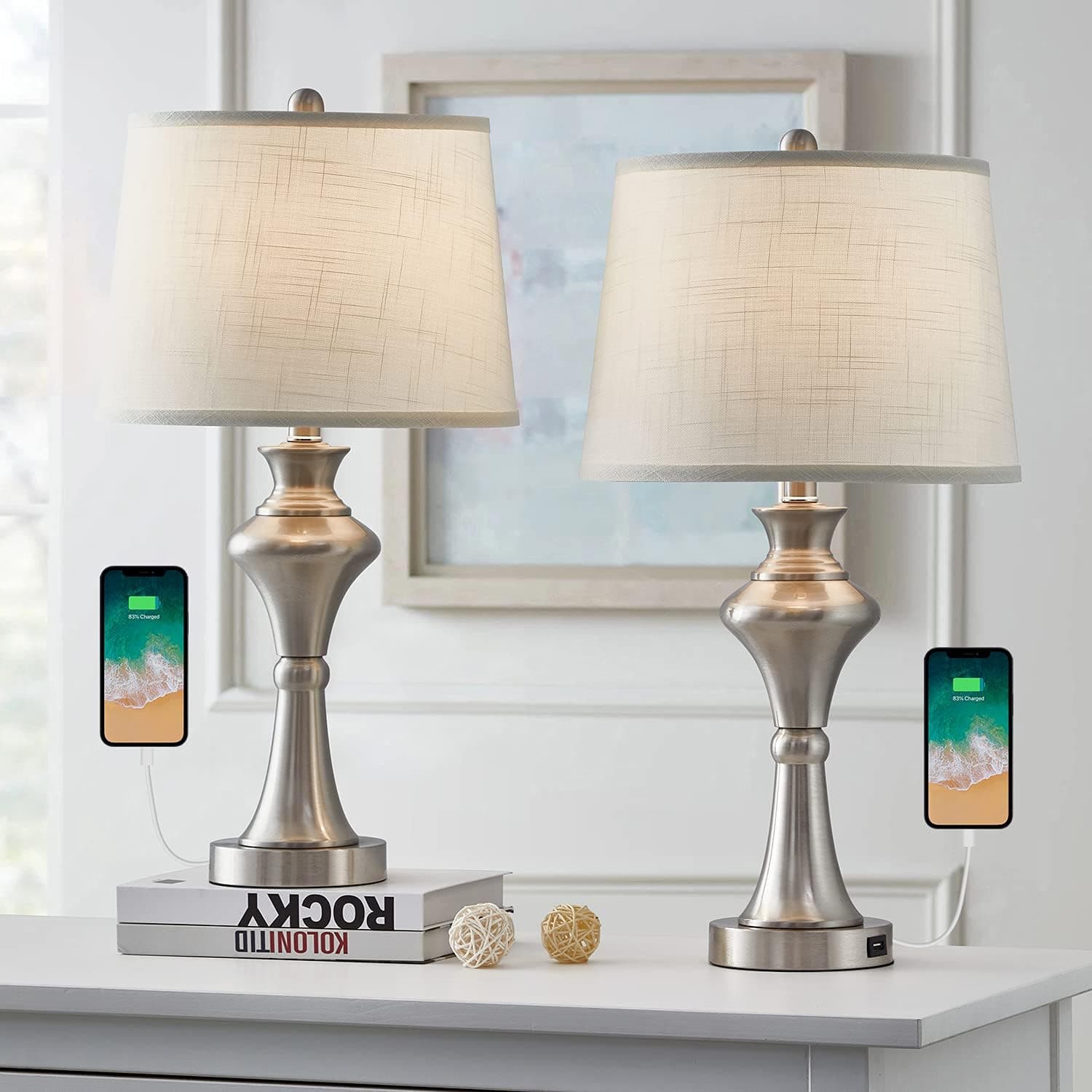 Oneach Modern USB Table Lamps Set of 2 for Living Room Bedroom 24.5“ Brushed Nickel Bedside Nightstand Lamps with Fabric Lampshade Silver