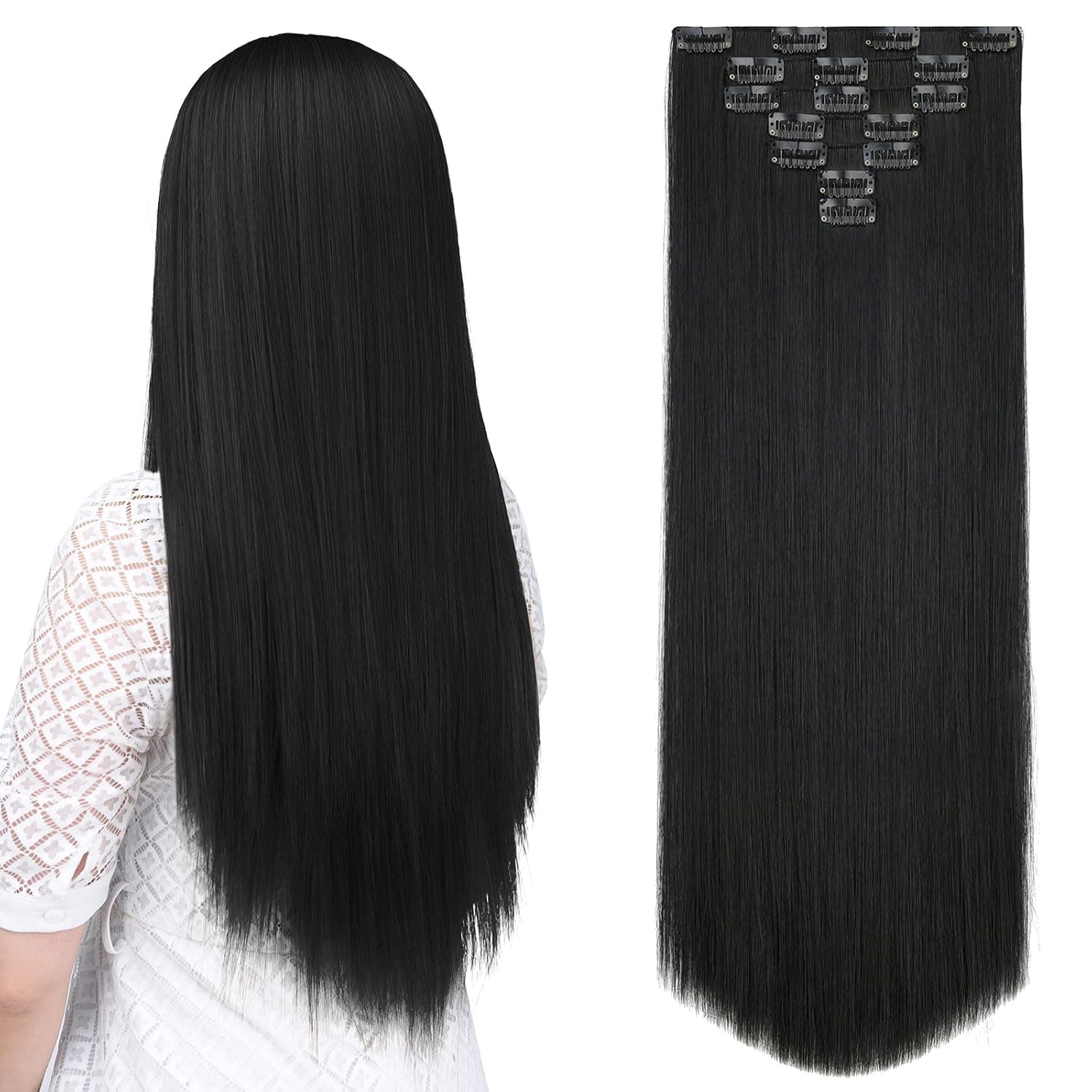 ShulaSHOP Black Hair Extensions,Hair Extensions Clip in Long Straight 22" 7 PCS Synthetic Professional Hair Extensions Full Head For Women