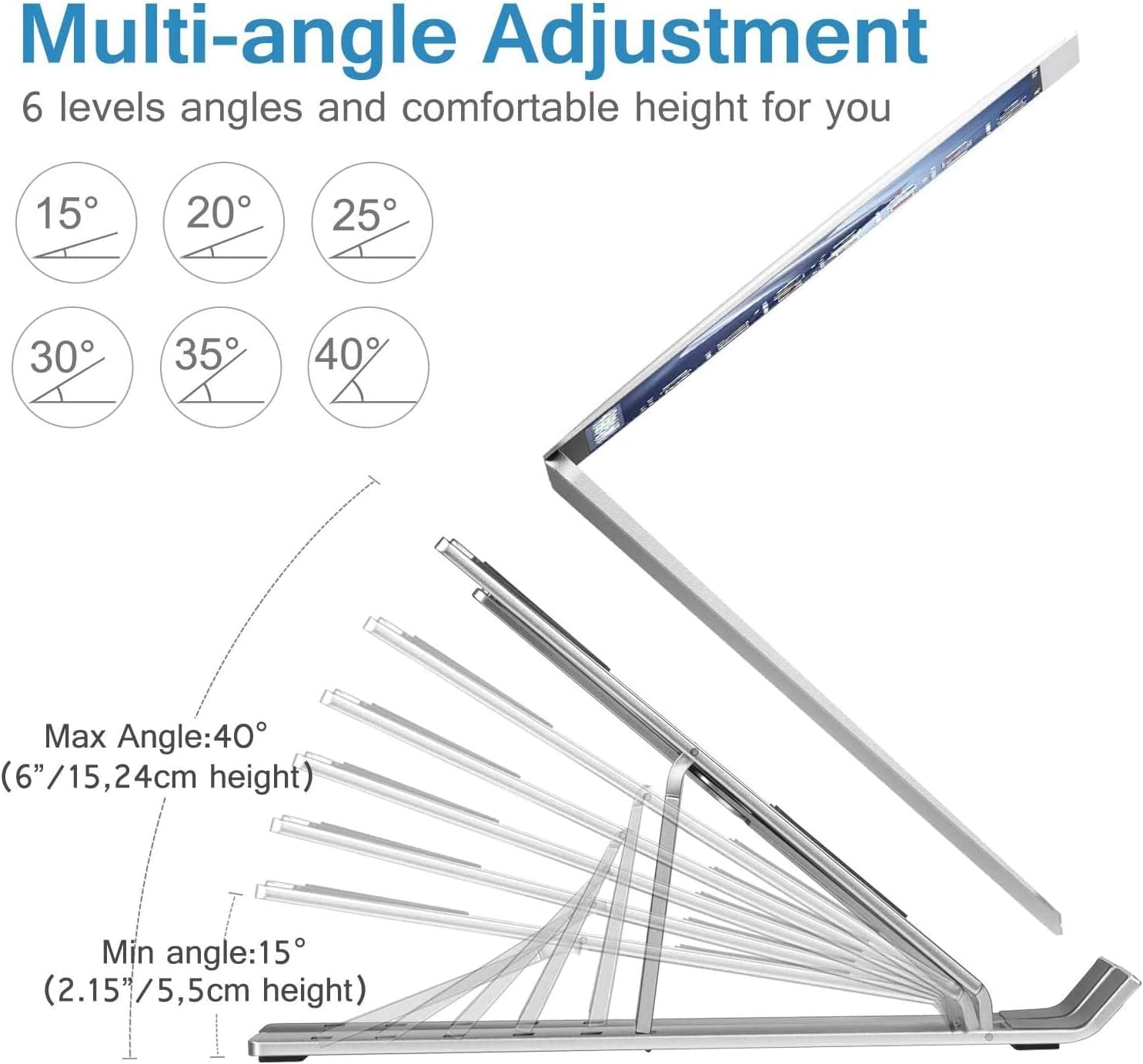 Notebook Stand, Adjustable Notebook Stand, Collapsible Desktop Notebook Stand, Ergonomic Design, Portable Notebook Stand for Tablet, 6 Horizontal Angles (Silver)