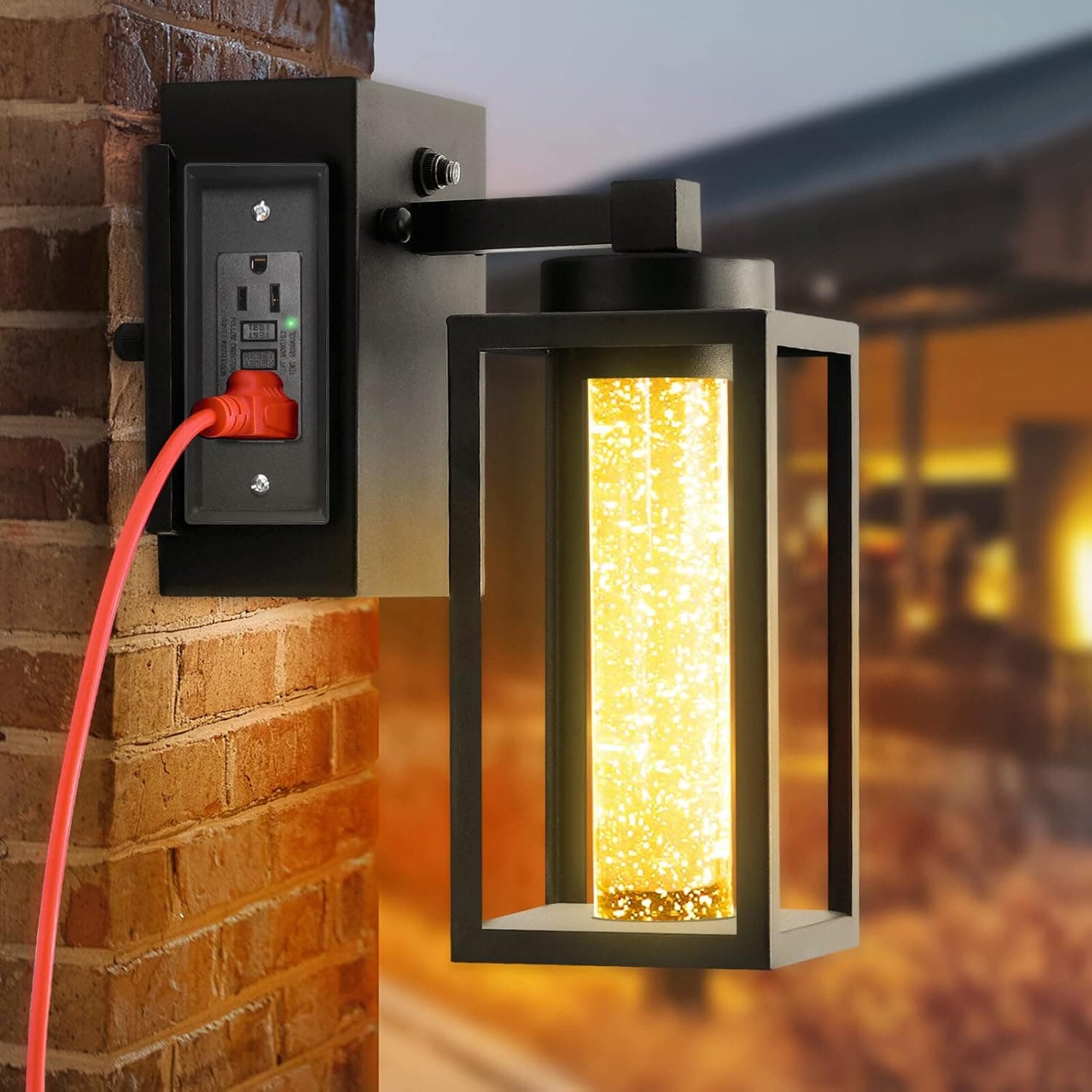 Outdoor Porch Light with Outlet,Dusk to Dawn Outdoor Lighting,Modern Exterior Light Fixture with Crystal Bubble Glass,ETL Certification Outdoor gfci Outlet,Waterproof Outside Lights for House Garage…