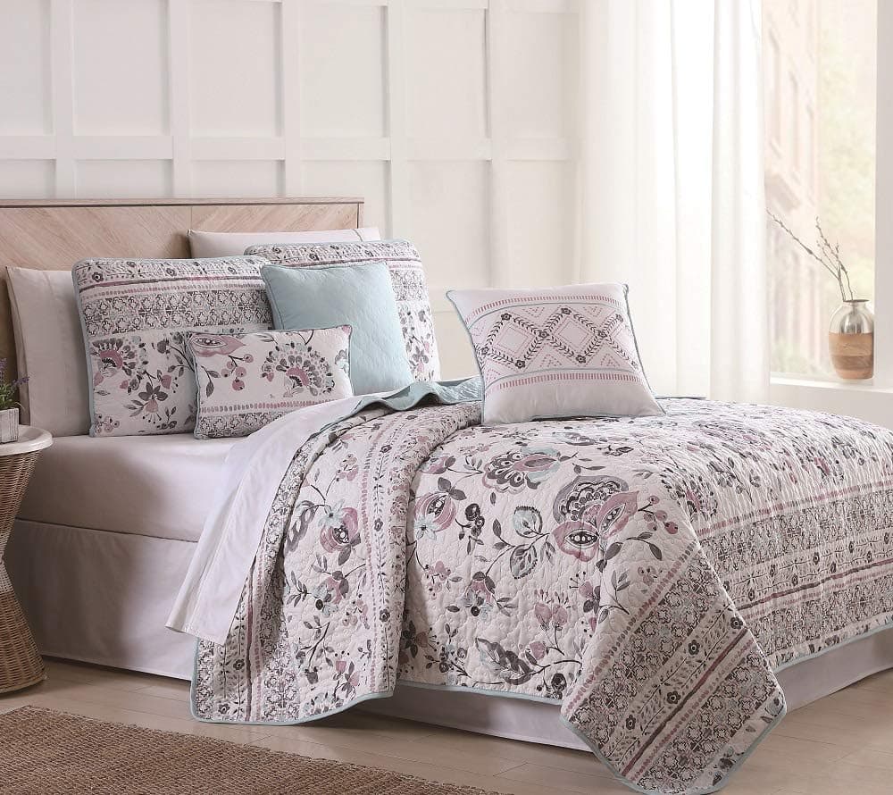 S.L. Home Fashions 6 Piece Abigail Floral Mint/Blush/White Quilt Set Full/Queen