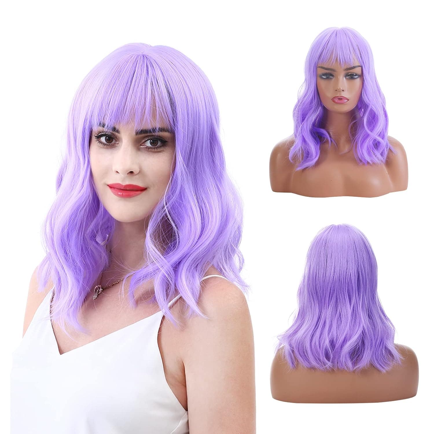 SANSUI Short Purple Wig with Bangs, Purple Wig for Women, Synthetic Natural Curly Bob Wig,Curly Wavy Cosplay Wig for Girl Costume Wigs(12", Purple)