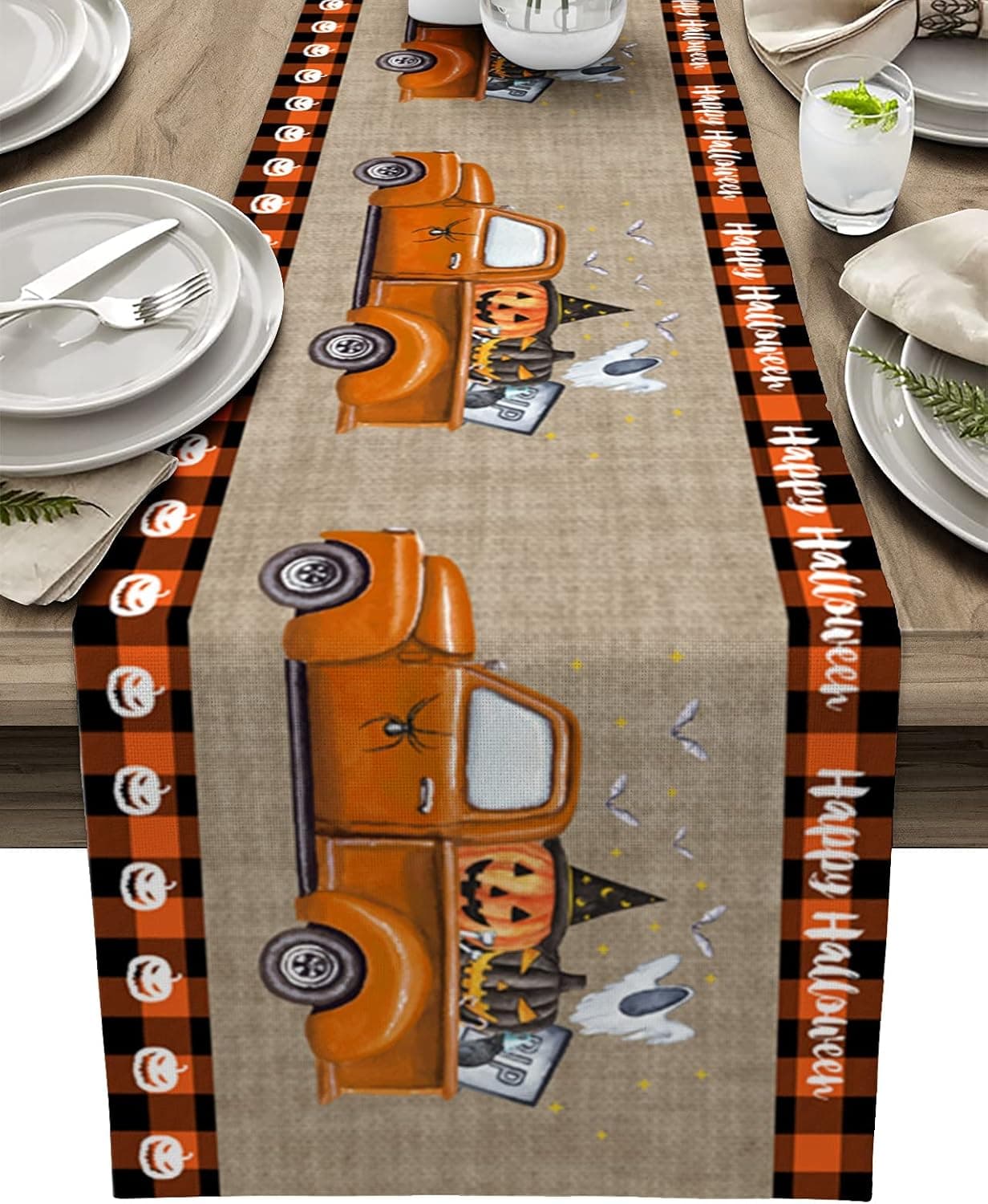 Table Runner for Halloween Party Dresser Scarves Truck Carrying Funny Pumpkins with Witch Hat Ghost Grave Table Setting Decor Vintage Orange Black Plaid for Holiday Kitchen Dinner - 13 x 36 inches