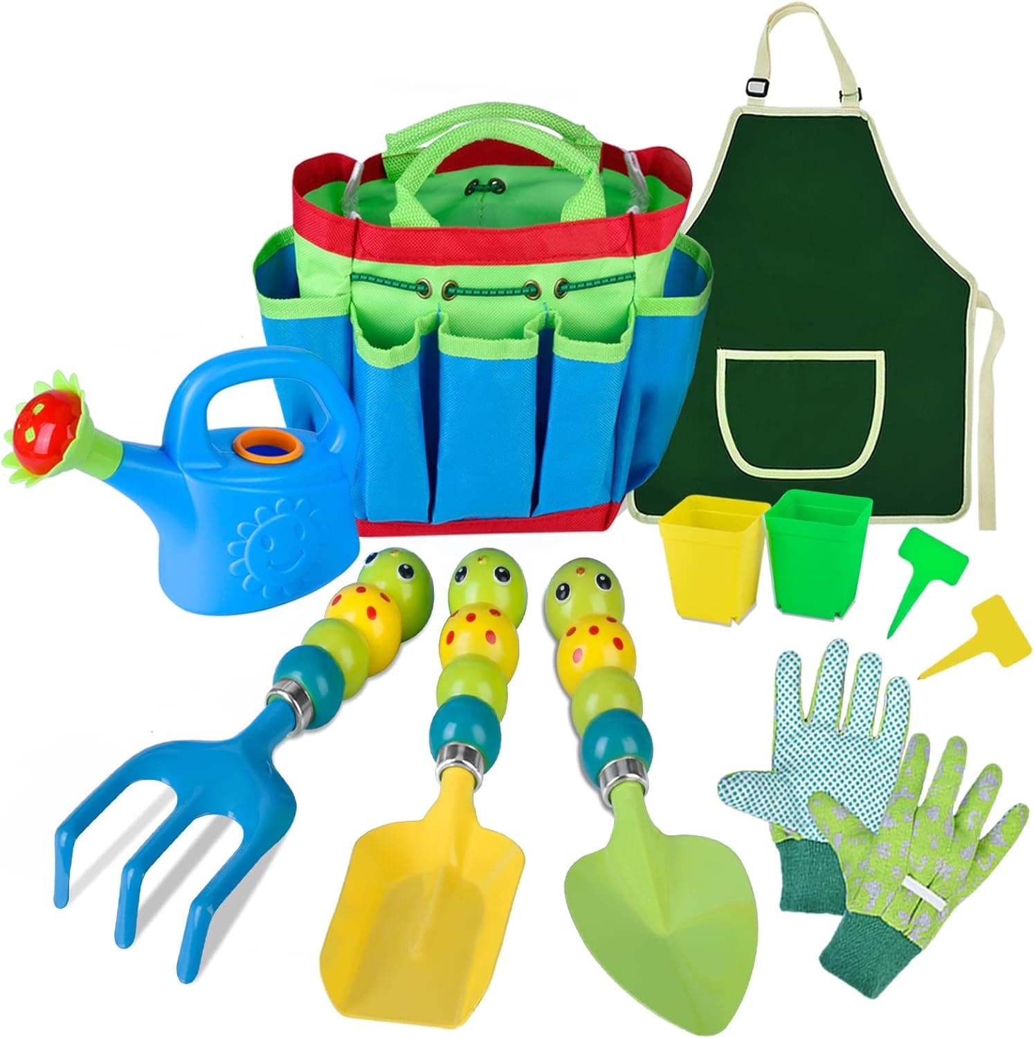 Kids Garden Tools Set - 12 Pieces Colorful Metal Kids Garden Tools Included Shovel Rake Fork Shovel Apron Gloves Watering Can and Tote Garden Tools Outdoor Toy Gifts for Kids 3+