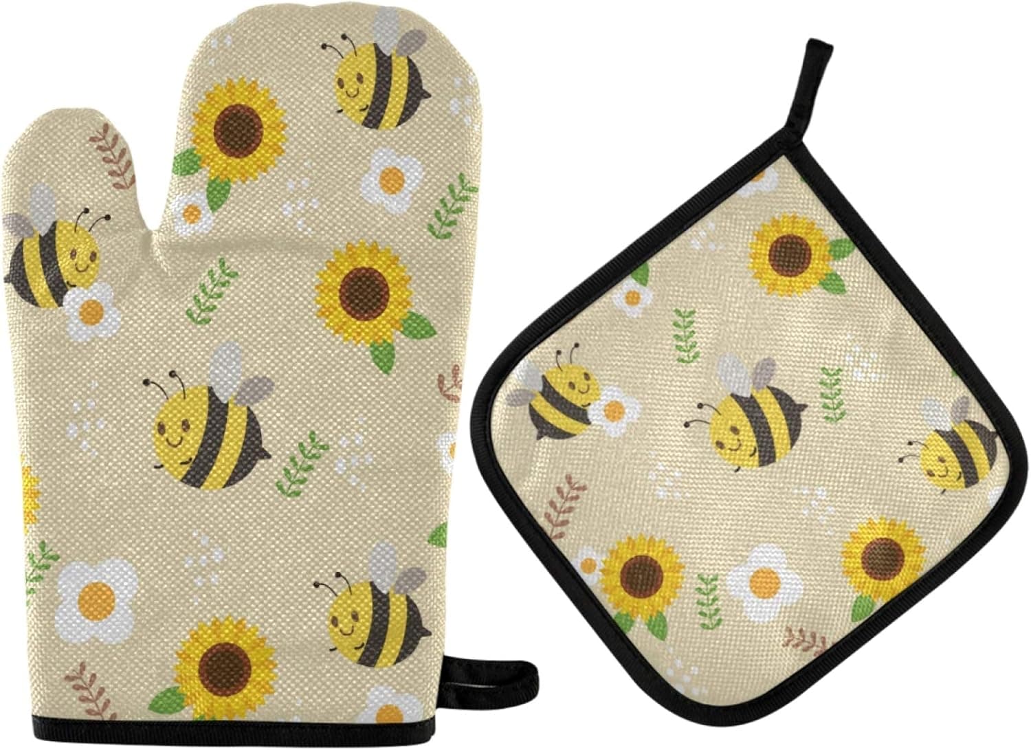 Summer Bee Sunflowers Oven Mitt and Hot Pads Set Yellow Cute Kitchen Mittens Spring Hot Pads for Kitchen Cooking BBQ Bakeware