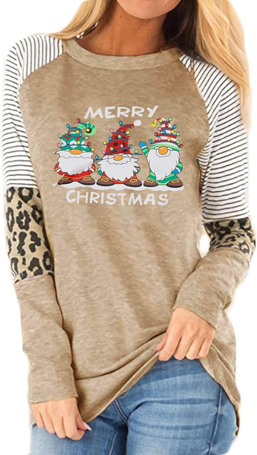 Merry Christmas T Shirts Women Funny Leopard Print Long Sleeve Raglan Baseball Tees