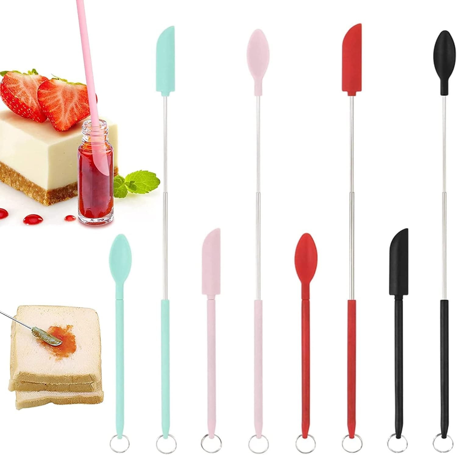 8 pcs Buddeez Mini Silicone Telescopic Shovel and Spoon, Reusable Silicone Spatula, Upgraded Version of Heat-Resistant Mini Silicone Telescopic Shovel with Buckle, Kitchen Cooking, Kitchen Gadgets